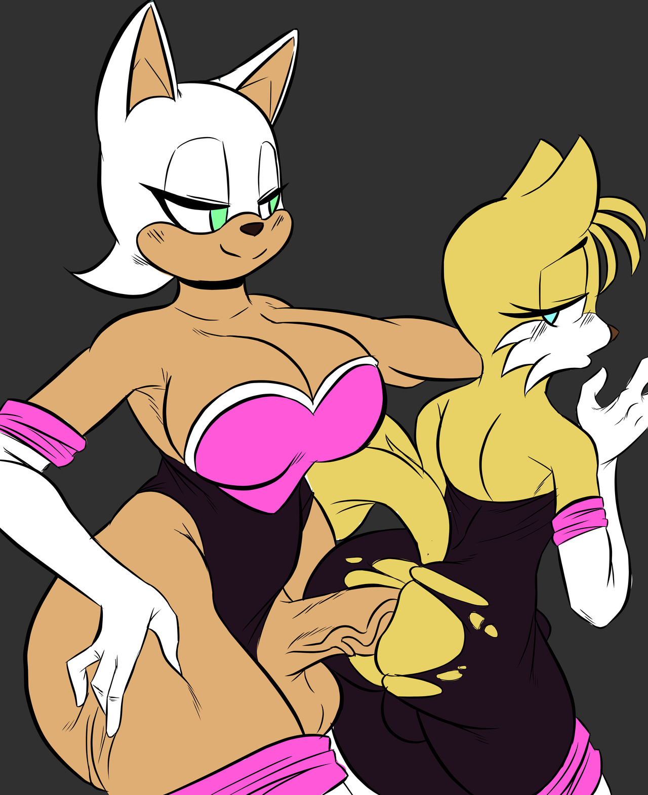 1boy, 1futa, anal, androgynous, anthro, ass, balls, bat, bodysuit, breasts, cosplay, crossdressing, crossplay, elbow gloves, femboy, femboysub, feminine, feminine body, feminine male, feminine pose, feminine tails, fox, fur, furry, futa on femboy, futa on male, futanari, girly, intersex, isolatedartest, male, miles prower, penis, rouge the bat, rouge the bat (cosplay), sega, sonic (series), sonic the hedgehog (series), tails, tails the fox, thighhighs, trap, white fur, yellow fur