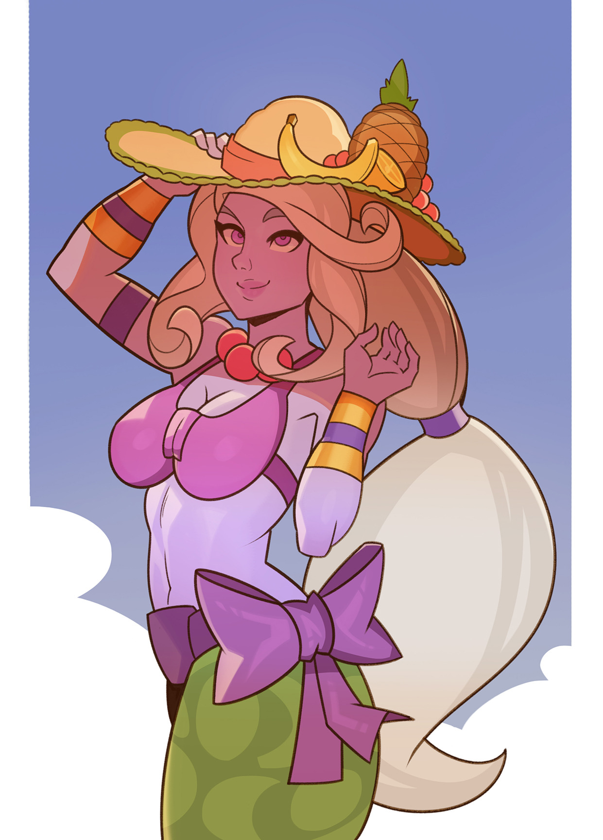 bikini, celestial (league of legends), female, hat, league of legends, midriff, order of the banana soraka, purple eyes, purple skin, smooth skin, solo, soraka, splashbrush, swimsuit, the grind series, tied hair, very long hair, white hair