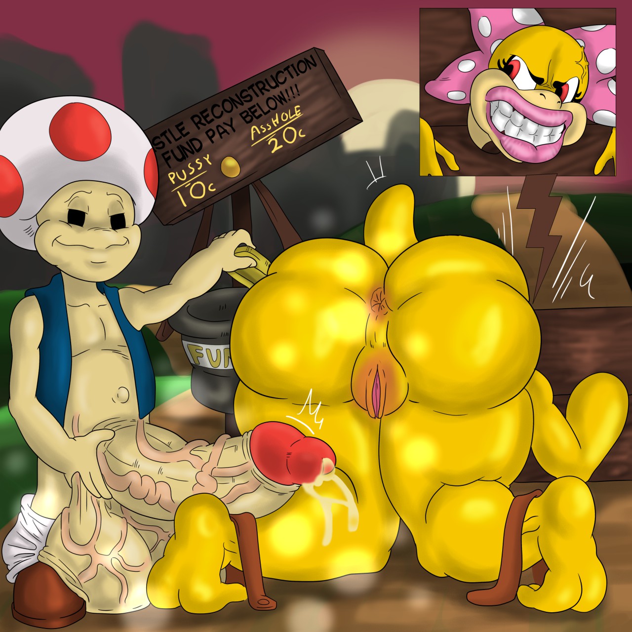 1boy, 1girls, anthro, anus, ass, balls, big lips, bondage, bound, clothing, english text, erection, female, furry, hyper balls, hyper bimbo, hyper penis, koopalings, loonyjams, male, mario (series), nintendo, outdoors, penis, price, prostitution, public use, pussy, rape, scalie, slave, standing, super mario bros., testicles, text, toad (mario), vein, veiny penis, wendy o. koopa