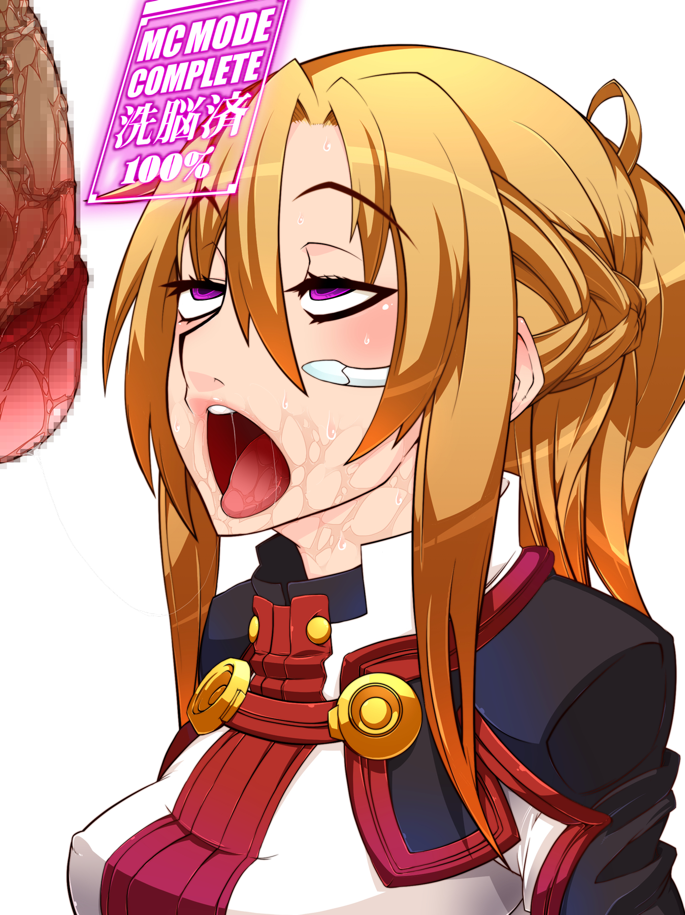 1boy, 1girls, after fellatio, belu, blonde hair, censored, drool, english text, erect nipples, female, half-closed eyes, horny female, hypnotized, long hair, male, mind control, nipples, open mouth, penis, purple eyes, saliva, saliva on face, saliva string, sword art online, text, tongue, tongue out, white background, yuuki asuna
