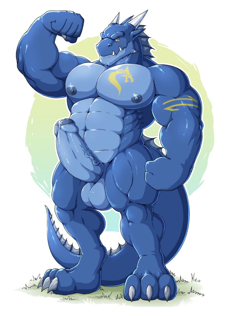 1boy 2018 abs anthro balls biceps big_muscles big_pecs blue_penis blue_skin claws erection eye_scar facial_scar fin fist flexing foreskin front_view glans gojho head_fin horn humanoid_penis male male_only muscular muscular_male nipples nude pecs penis precum presenting quads scar serratus simple_background solo standing tail_fin triceps vein veiny_penis