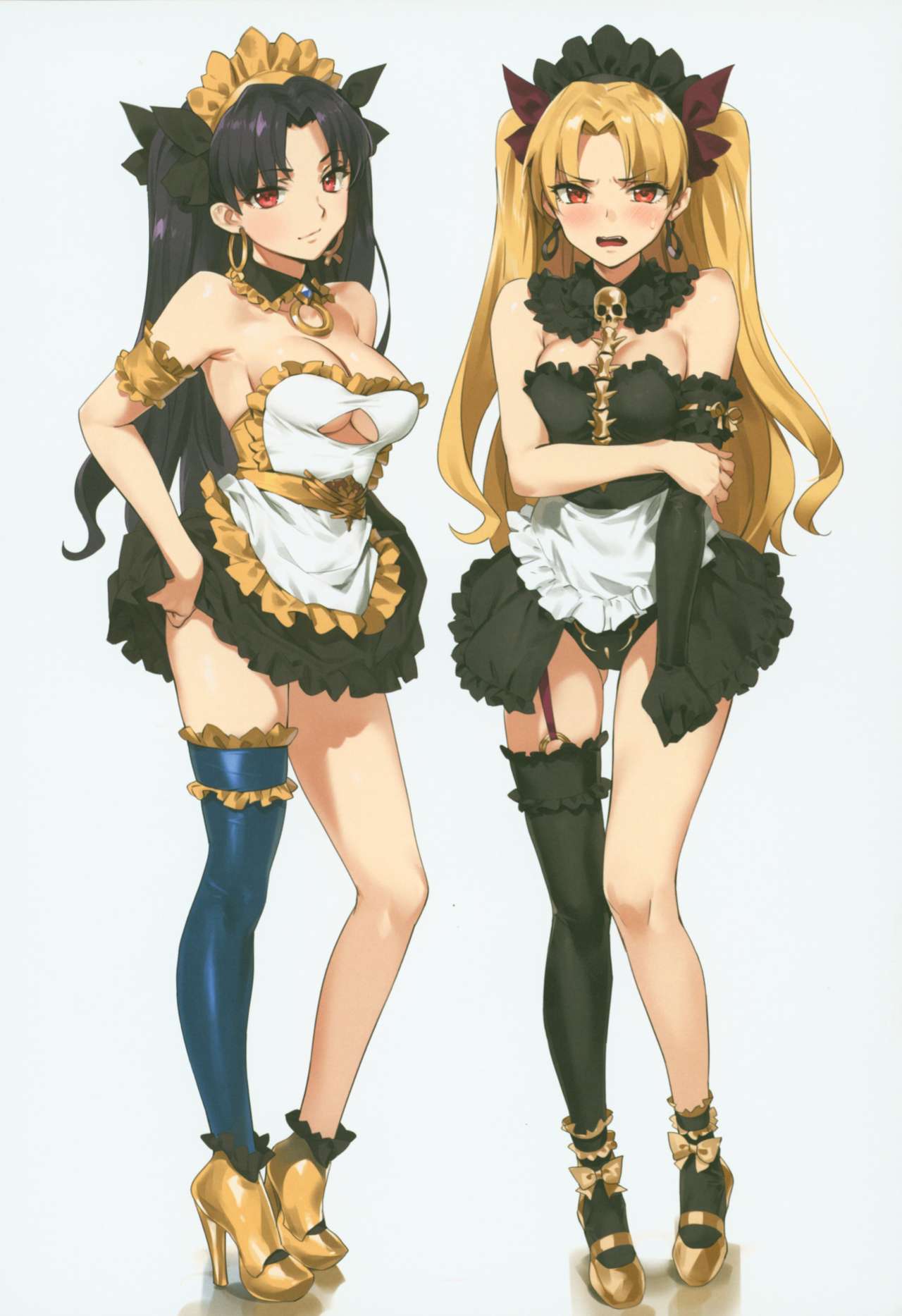 2girls adapted_costume alternate_costume apron arm_under_breasts asymmetrical_legwear ballet_shoes ballet_slippers bangs bare_shoulders black_dress black_hair black_leotard blonde_hair blush breasts cleavage cleavage_cutout detached_collar dress earrings embarrassed enmaided ereshkigal_(fate) fate/grand_order fate_(series) female female_only full_body gold_trim grey_background hair_ribbon heels high_heels highres hoop_earrings infinity ishtar_(fate) jewelry leotard long_hair looking_at_viewer maid maid_apron maid_headdress medium_breasts multiple_girls necklace open_mouth orange_maru panties parted_bangs red_eyes ribbon scan short_dress showgirl_skirt simple_background single_sleeve single_thighhigh skull smile spine standing strapless strapless_dress thighhighs tiara tohsaka_rin two_side_up type-moon underboob_cutout underwear waist_apron white_dress yang-do