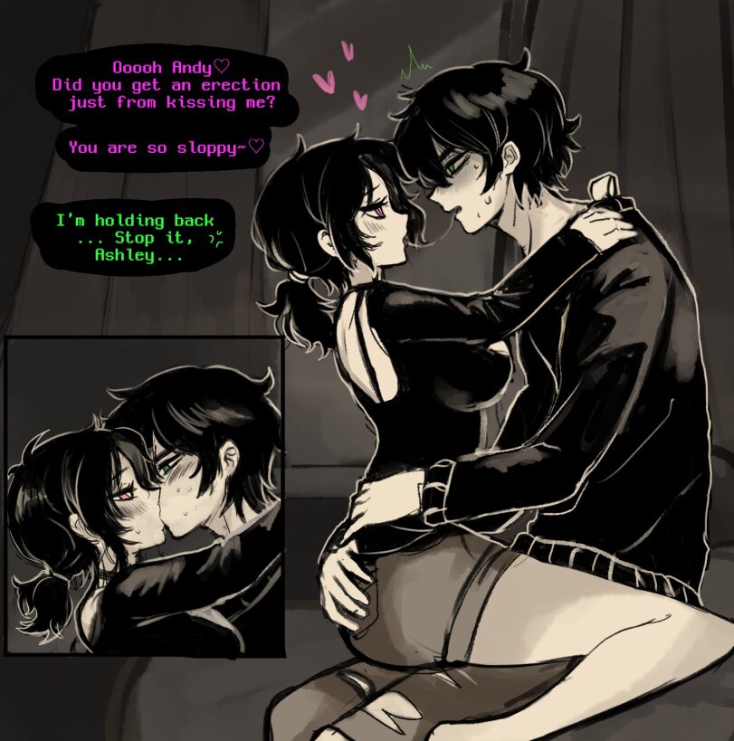 1boy, 1girls, andrew graves, ashley graves, ass grab, brother and sister, chokaso, female, green eyes, hug, incest, incest (lore), kissing, leyley, male, pink eyes, saliva, sitting on person, the coffin of andy and leyley, young, younger female