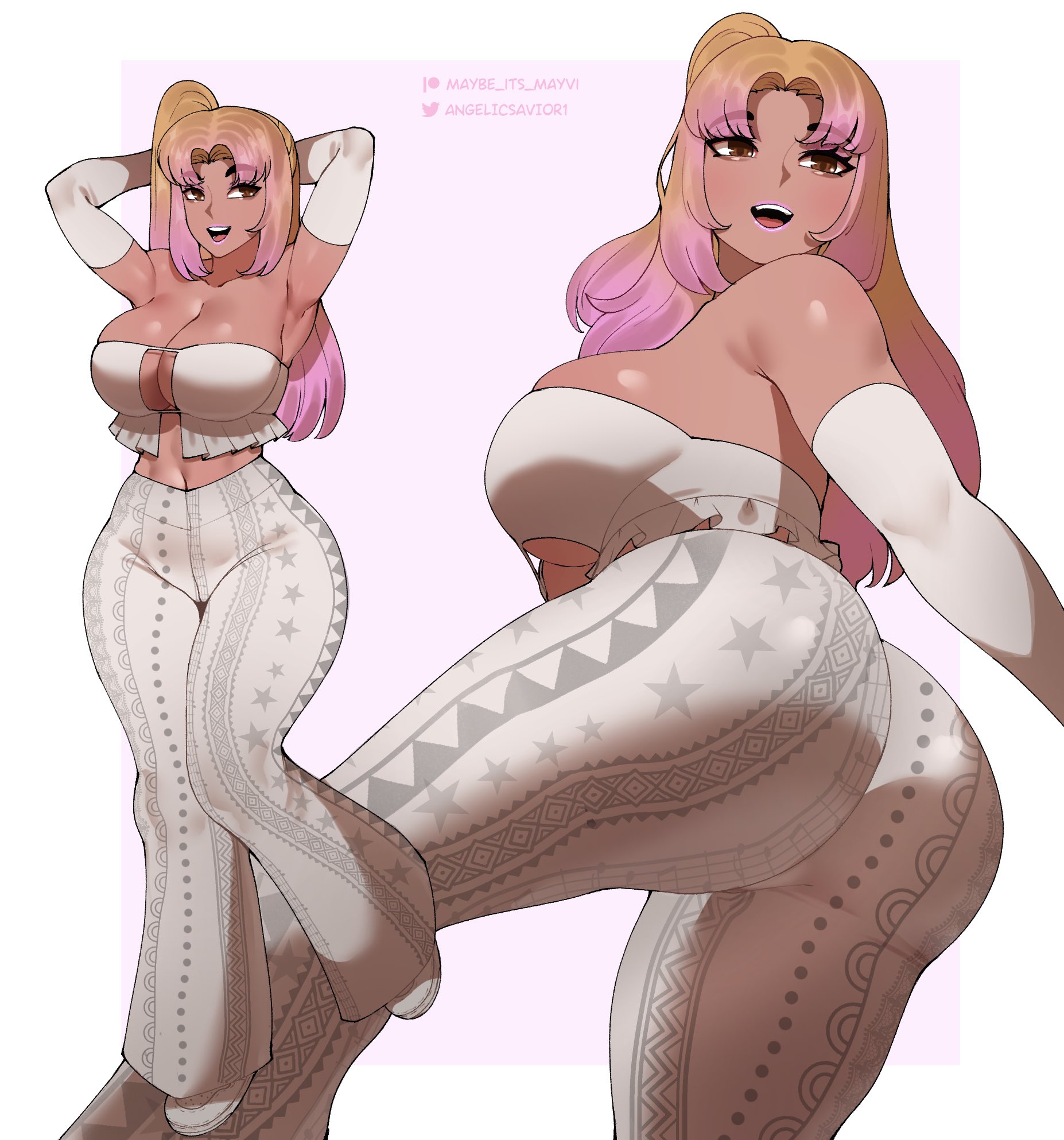 angelicsavior1, armpits, arms up, ass, ass focus, big ass, bimbo, blonde hair, elbow gloves, female, female only, flare pants, forbidden pants, matt (maybe its mayvi), thick thighs, two-tone hair