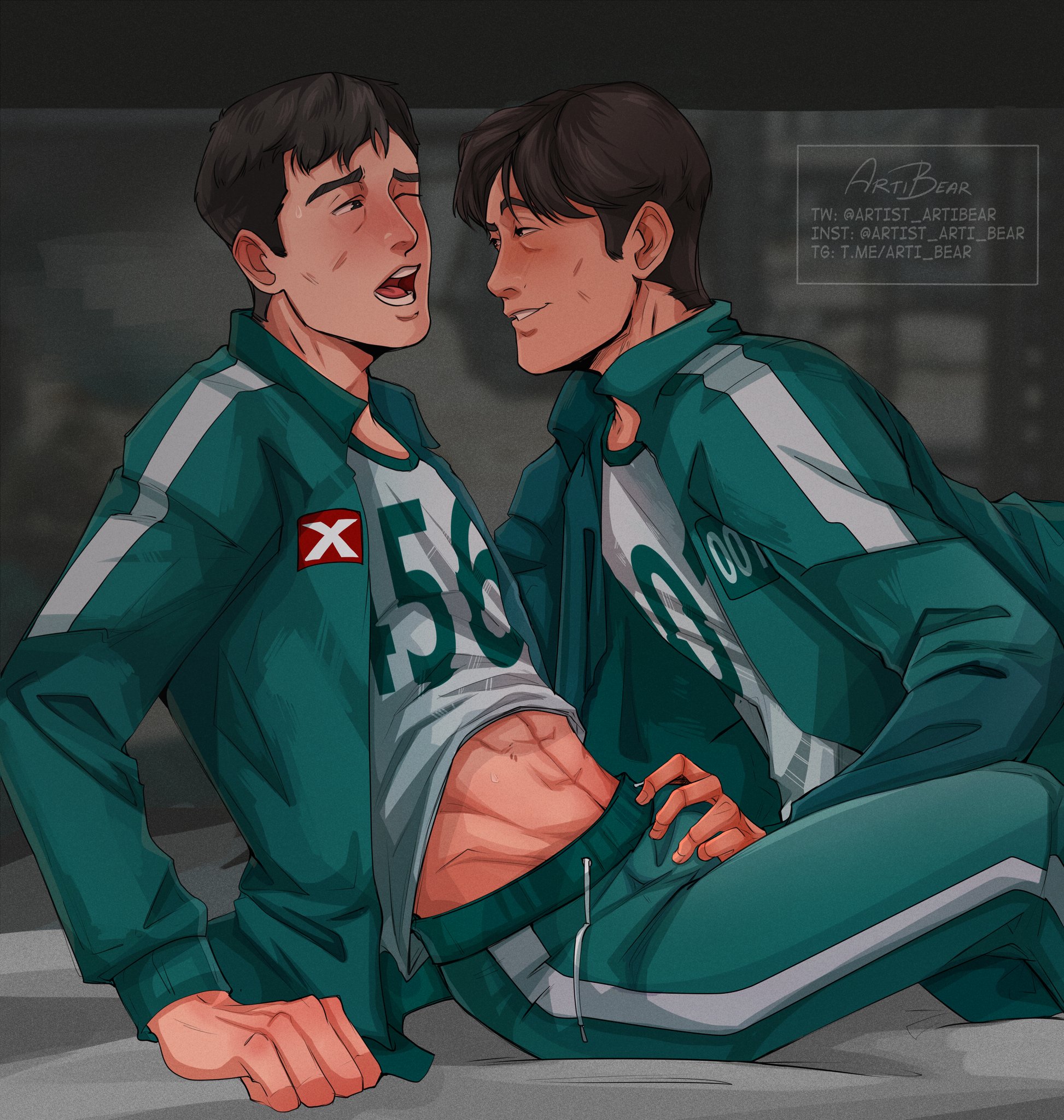 abs, artibear, bed, black hair, brown eyes, brown hair, bulge, bulge through clothing, fondling, groping, groping through clothes, hand on bulge, hand on crotch, hand on penis, hwang in-ho, male, male only, male/male, midriff, midriff peek, moaning, muscular, muscular male, on hands and knees, open mouth, penis, public indecency, raised eyebrow, seong gi-hun, sheets, shirt lift, shirt up, short hair, sitting on bed, smirking at partner, squid game, surprised, sweatdrop, sweating, track jacket, yaoi