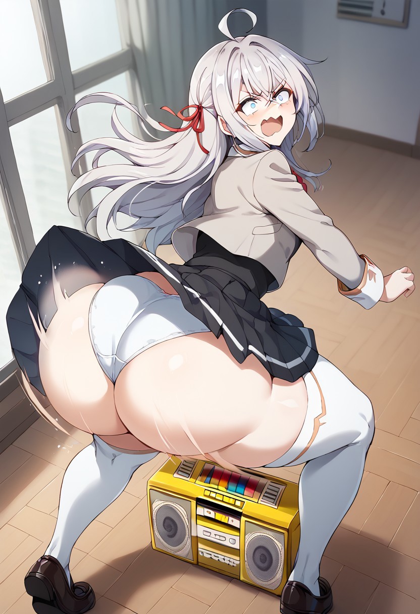 1girls absurd_res ahoge ai_generated alisa_mikhailovna_kujou ass ass_shake black_skirt black_vest blue_eyes blush body_control boombox bow bowtie breasts civitai collared_shirt cropped_jacket dekutree10 embarrassed forced_to_twerk gold_boombox_(prevence) grey_hair grey_jacket hair_ribbon hi_res huge_ass hypnosis jacket loafers long_hair looking_back panties pleated_skirt red_bow red_bowtie red_ribbon ribbon school_uniform shaking_ass shirt shoes skirt solo thighhighs tokidoki_bosotto_russian_de_dereru_tonari_no_alya-san twerk twerk_hypnosis twerking uniform upskirt white_panties white_thighhighs zettai_ryouiki