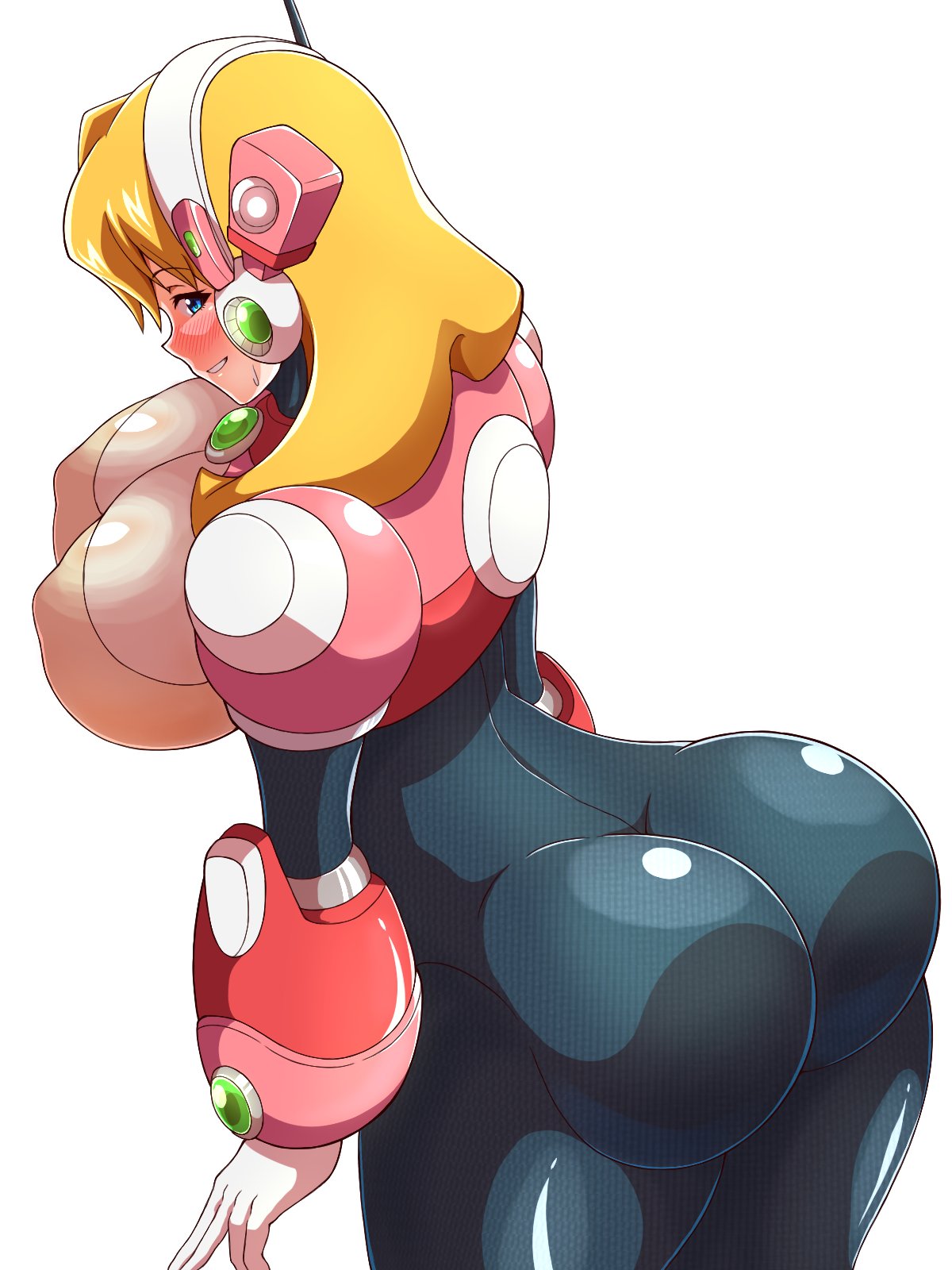 1girls alia big_ass big_breasts black_bodysuit blonde_hair blue_eyes blush bodysuit huge_breasts long_hair mega_man mega_man_x mega_man_x_dive noburockman robot_girl smile tight_clothing white_background