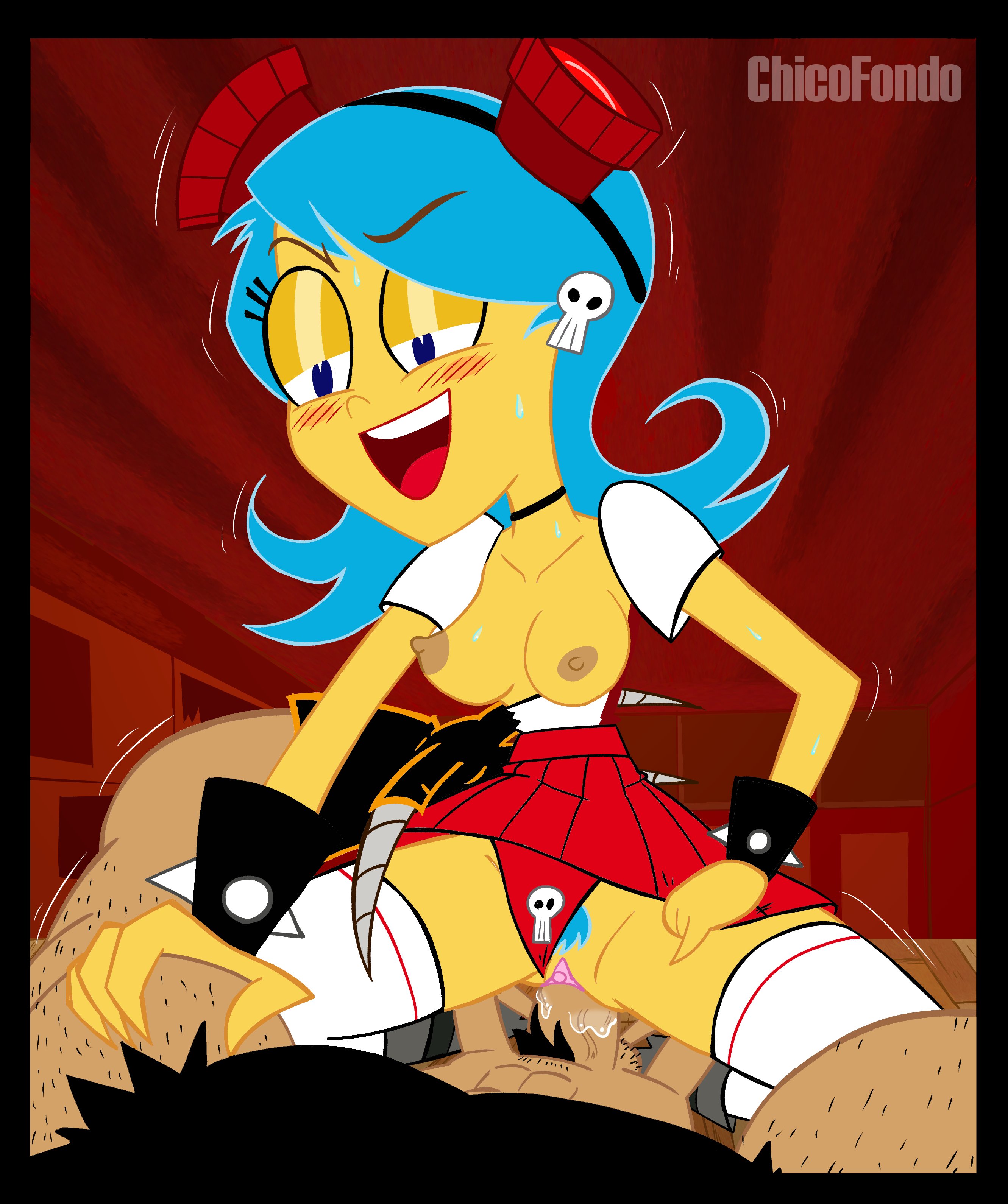 adult female, adult male, aged up, blue hair, blue pubic hair, blush, breasts, breasts out, chicofondo, dominant female, el tigre, female, frida suarez, future, goggles, goggles on head, manny rivera, nickelodeon, nipples, panties aside, pussy, sex, skulls, vaginal penetration