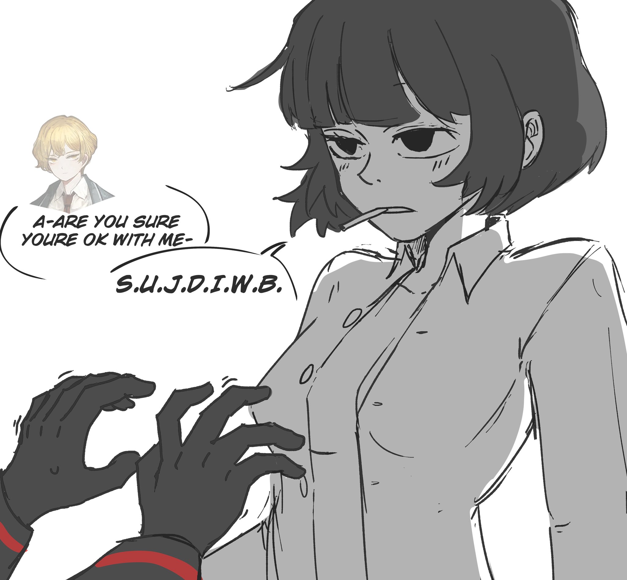 cigarette, female, inviting, limbus company, nervous, project moon, revannman, ryoshu (limbus company), shaking hands, shaking lines, shipping, sinclair (limbus company), smaller male, straight, tagme