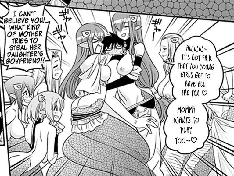 breasts, closed eyes smile, double breast smother, female, kurusu kimihito, lamia, manga page, maru (monster musume), miia (monster musume), miia's mother, monster musume no iru nichijou, mother and daughter, naga, nipples, okayado, sanka (monster musume), shequa (monster musume), tagme, tits out