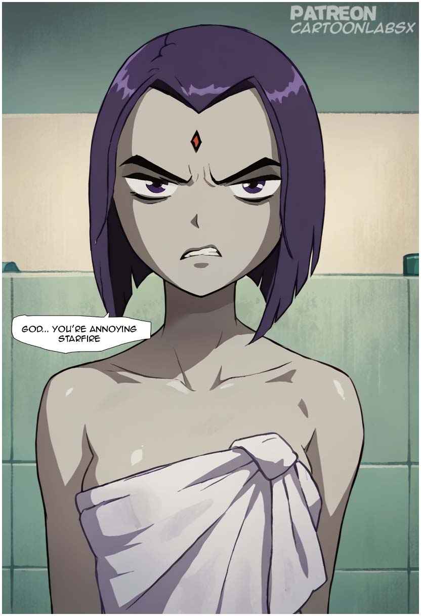 1girls ai_generated cartoon_network cartoonlabsx cartoony dc_comics nude nude_female purple_eyes purple_hair rachel_roth raven_(dc) shower showering_together superhero superheroine teen_titans towel towel_only tv