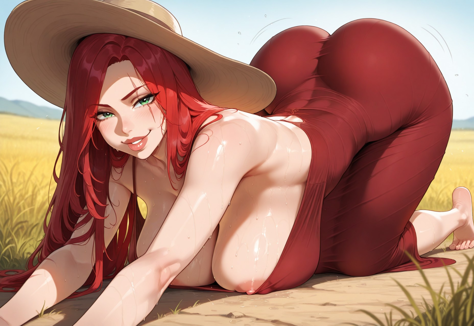 1girls, ai generated, arched back, ass, ass up, barefoot, bent over, big ass, big breasts, breasts, dress, dress only, feet, female, green eyes, hat, hips, huge ass, huge breasts, katarina du couteau, large ass, large breasts, league of legends, long hair, looking at viewer, nipple slip, nipples, on all fours, on ground, outdoors, red hair, smile, smiling, smug, smug face, solo, sweat, sweating, thick, thick ass, thick legs, thick lips, thick thighs, top-down bottom-up, wide brim hat, wide hips