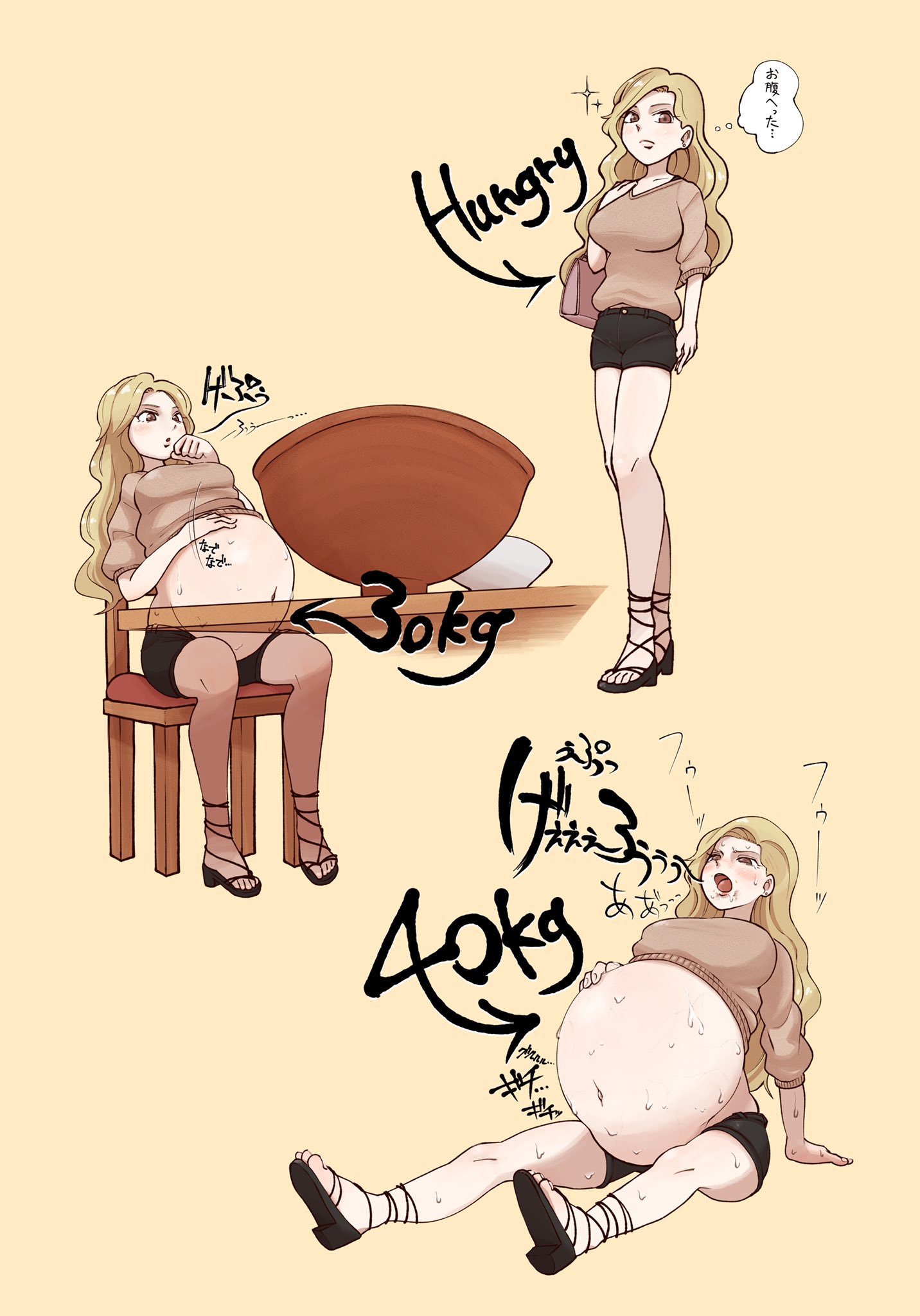 belch, belching, belly, blonde hair, bowl, breasts, burp, burping, chair, eating, female, female only, full stomach, huge belly, hungry, japanese text, large breasts, long hair, loud burp, open mouth, orca0091, original, satisfied, satisfied female, sitting, standing, stomach growling, stuffed belly, sweater, table, translation request