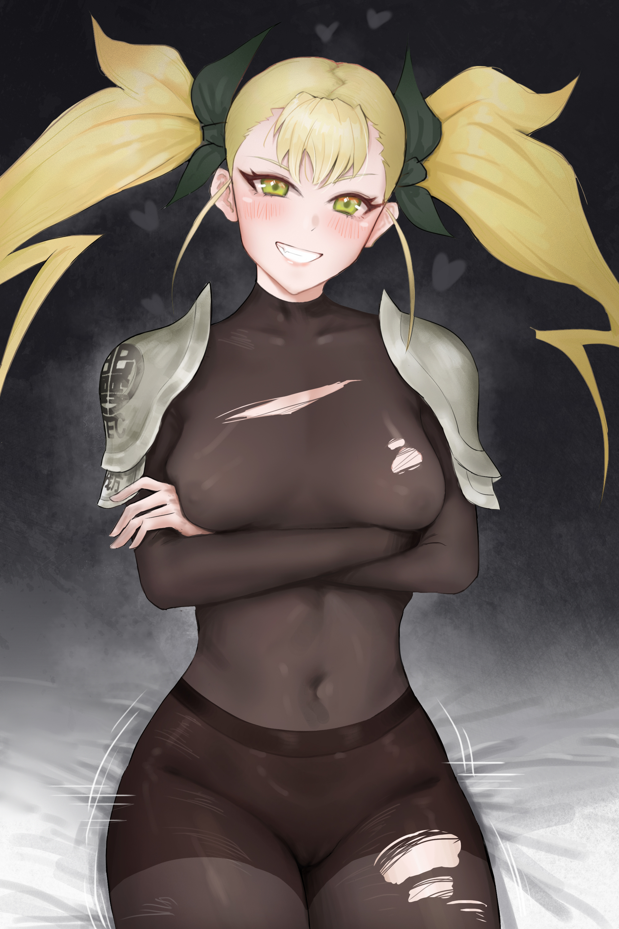 bangs, bed sheet, black bodysuit, black legwear, black pantyhose, blonde hair, blush, bodysuit, bow, breasts, breasts visible through clothing, cameltoe, clothing, covered navel, crossed arms, female, female only, fit, fit female, green eyes, grin, hair ornament, hair ribbon, hairbow, heart, hi res, highres, kaiju no.8, kikoru shinomiya, large breasts, legwear, light skin, light-skinned female, long hair, looking at viewer, medium breasts, navel, nipples, nipples visible through clothing, no bra, paipan, pantyhose, ponytail, pussy, pussy visible through clothes, ribbon, see-through, sitting, skin tight, smile, solo, teeth, thighs, tied hair, tight fit, torn bodysuit, torn clothes, torn legwear, twintails, vagina, vagina outline