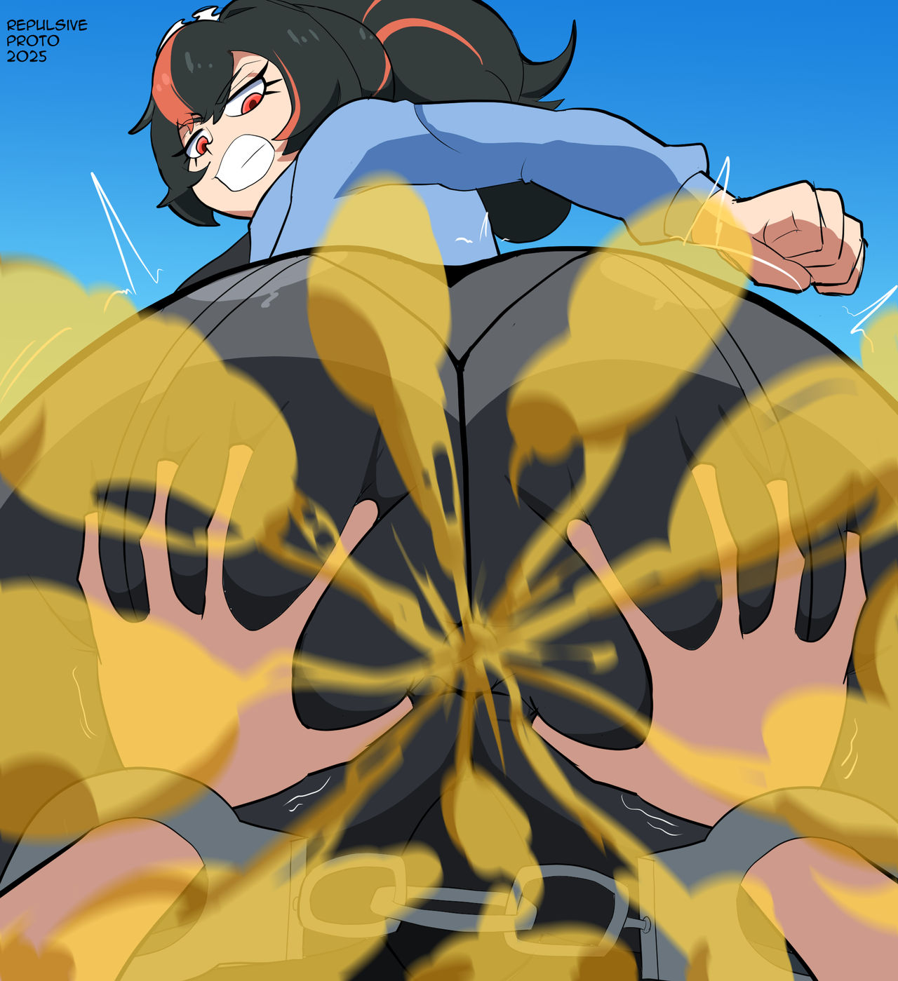 anus outline, ass, ass bigger than head, big ass, fart, fart fetish, fart torture, farting, farting at viewer, female, handcuffed, handcuffs, hands on ass, imminent facesitting, multicolored hair, pov, repulsiveproto, zenless zone zero, zhu yuan