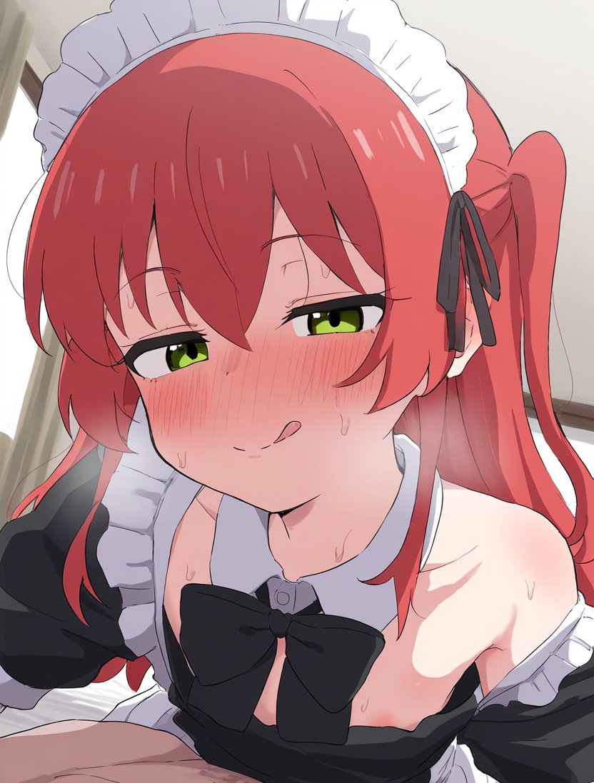 artist request, blush, bocchi the rock!, green eyes, kita ikuyo, licking lips, looking at viewer, maid, maid headdress, maid uniform, nipple slip, ponytail, red hair, seductive, seductive look, seductive smile, side ponytail, smile, sweat, tagme, tied hair, tongue, tongue out, visible breath