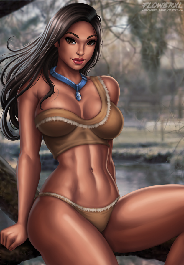 1girls abs alluring breasts brown_clothing cleavage clothing collar dark-skinned_female dark_skin deviantart_username disney disney_princess female female_focus female_only flowerxl forest_background front_view hands_on_tree long_hair looking_at_viewer medium_breasts native_american pinup pocahontas pocahontas_(character) princess red_lipstick sitting sitting_on_tree solo straight_hair thighhighs