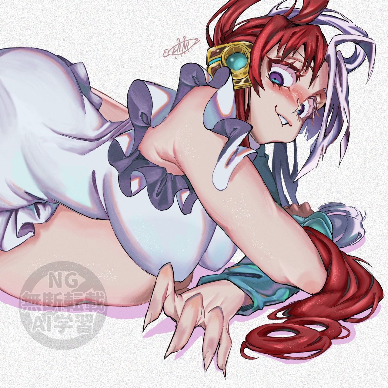 1girls, big breasts, breasts, clothing, female, female only, headphones, kanikanipan3740, looking at viewer, multicolored hair, one piece, purple eyes, red hair, red-haired female, two-tone hair, uta (one piece), white hair, white-haired female