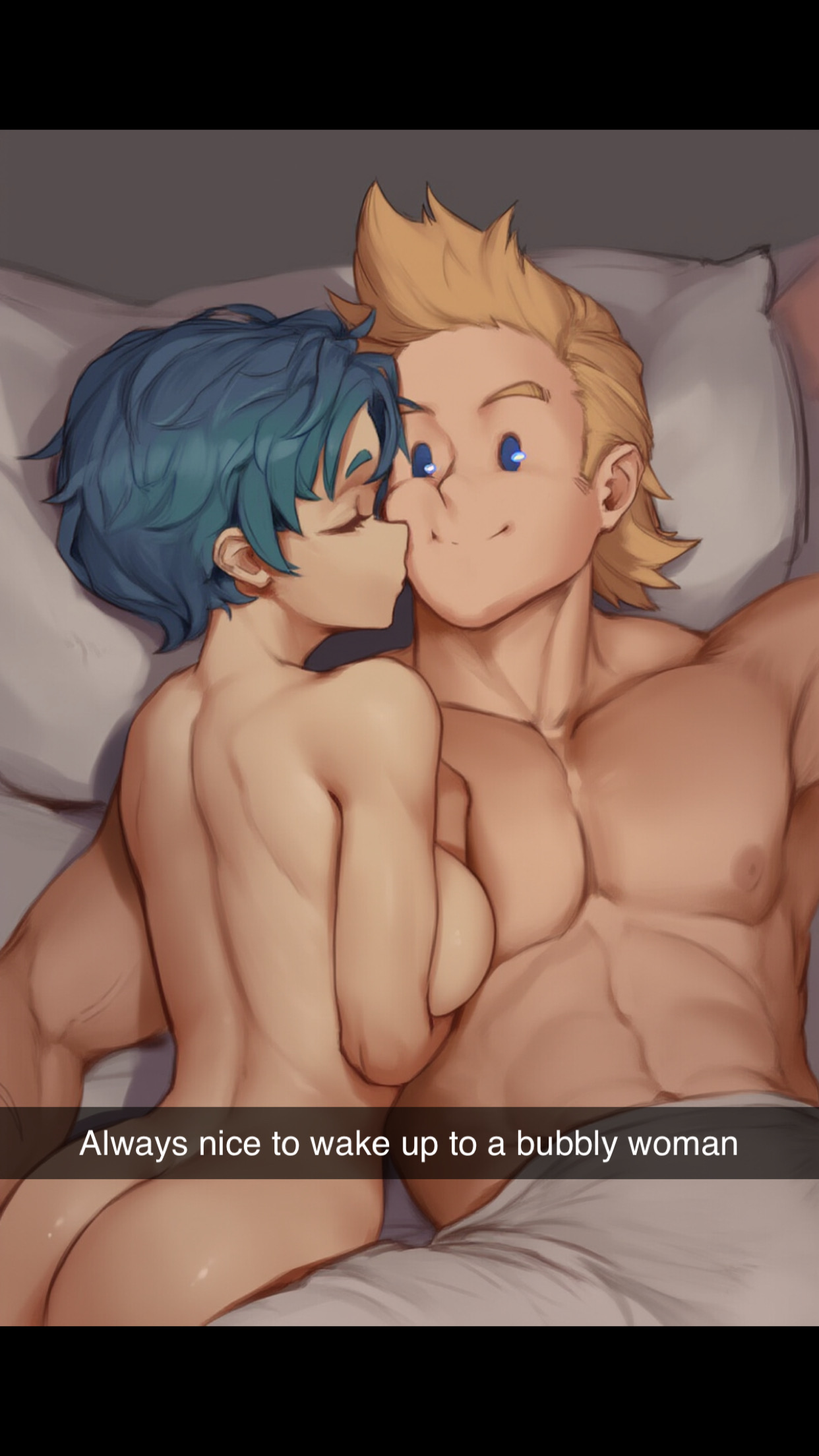 1boy, 1girls, ai generated, boku no hero academia, bubble girl, female, happy, in bed, kissing cheek, laying down, laying on back, laying together, loving, loving couple, male, mirio togata, my hero academia, nice ass, nude, nude female, nullificater, smile, snapchat, text