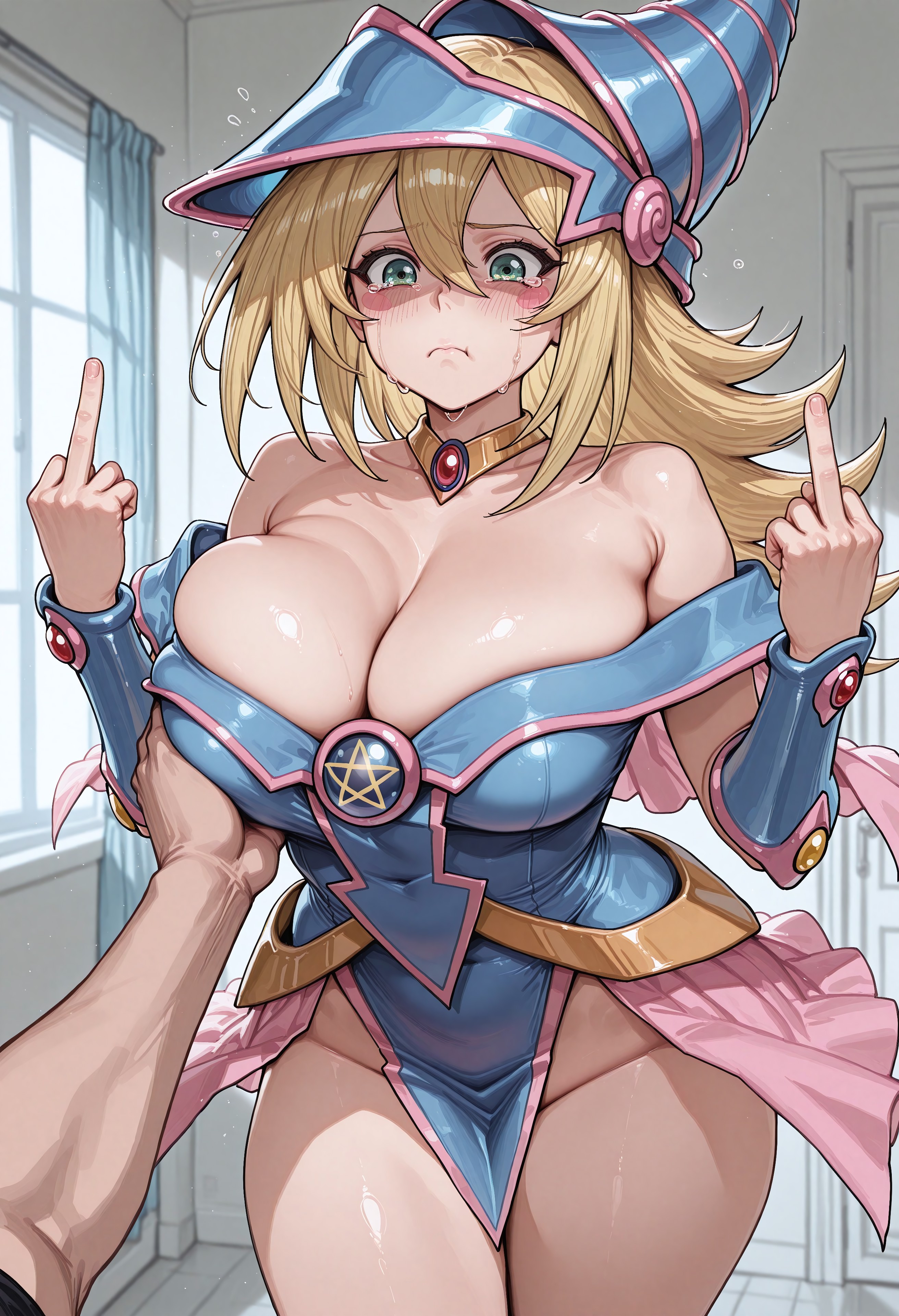 1boy, 1girls, 4k, absurd res, absurd resolution, absurdres, ai generated, anime, animestyle, big breasts, blonde female, blonde hair, blonde-haired female, blush, blush stickers, blushing female, breasts, busty, busty female, chesto67295, choker, cleavage, clothed female, collarbone, comission, crying, crying with eyes open, curvy, dark magician girl, day, daytime, detached sleeves, detailed, detailed background, distress, dress, embarrassed, embarrassed female, exposed breasts, exposed thighs, fantasy, female, flushed, flushed face, flustered, flustered female, front view, frown, grabbing, grabbing breasts, green eyes, groping, groping breasts, hair between eyes, hands on breasts, high resolution, highres, horny male, hourglass figure, huge breasts, indoors, large breasts, long hair, long-haired female, looking at partner, male, male pov, middle finger, off shoulder, off shoulder dress, overflowing breasts, oversized breasts, pentacle, pentagram, pov, questionable consent, sad, self upload, shoulder pads, skirt, slim waist, straight, tears, thigh gap, thigh slit, wizard hat, yu-gi-oh!