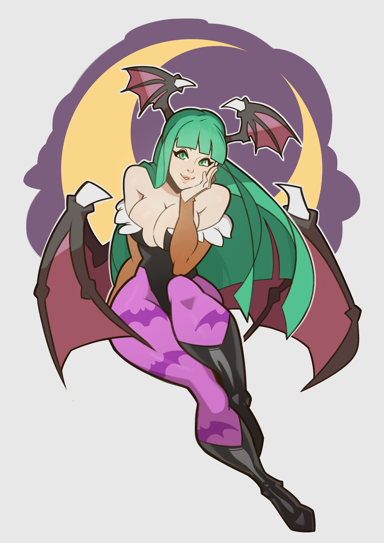 breasts, cleavage, clothing, darkstalkers, demon, elbow gloves, female, fingerless gloves, fully clothed, green eyes, green hair, head wings, large breasts, leotard, morrigan aensland, solo, splashbrush, succubus, wings
