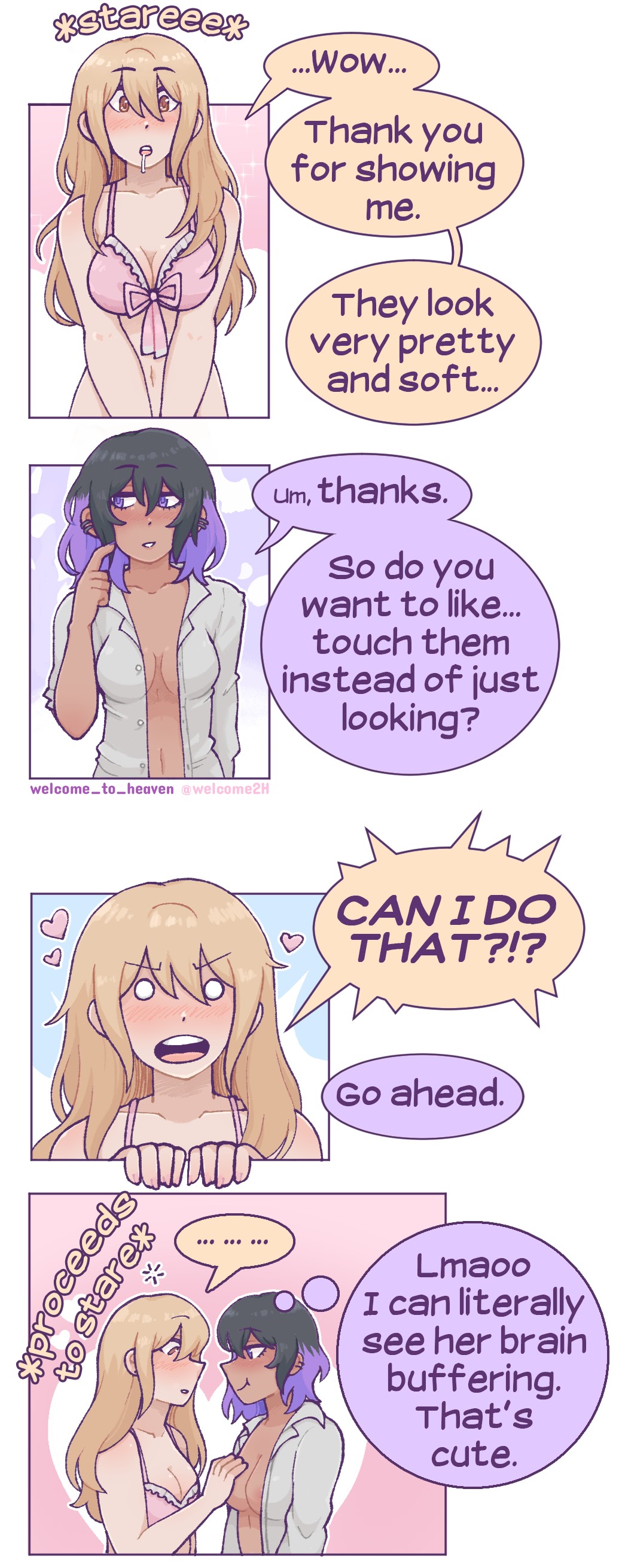 2girls adoration amused are_we_engaged? aroused awe black_hair blonde_hair blush blushing blushing_female boob_grab boobs braless breast_awe brown_eyes button_down_shirt cheeky_smile clara_(welcome_to_heaven) color_coded_speech_bubble comic consensual consent cute dark-skinned_female dialog drool drool_string drooling ear_piercing english_text excited feeling_chest female female/female female_only girls_only grabbing_another's_breast grabbing_breasts hand_on_chest heart hearts hearts_around_head interracial interracial_yuri lela_(welcome_to_heaven) lesbian lesbian_couple lgbt light-skinned_female lingerie looking_at_breasts looking_away multiple_girls partially_clothed pink_bra pink_nails propositioning purple_eyes purple_hair purple_highlights purple_nails romantic_ambiance romantic_couple shocked shocked_expression shy simple_background smirk smirking sparkles staring_at_breasts surprised thought_bubble touching_breast trans_(lore) trans_woman trans_woman_(lore) transfem transgender_woman two_tone_hair unbuttoned_shirt underwear_only welcome_to_heaven wholesome yuri
