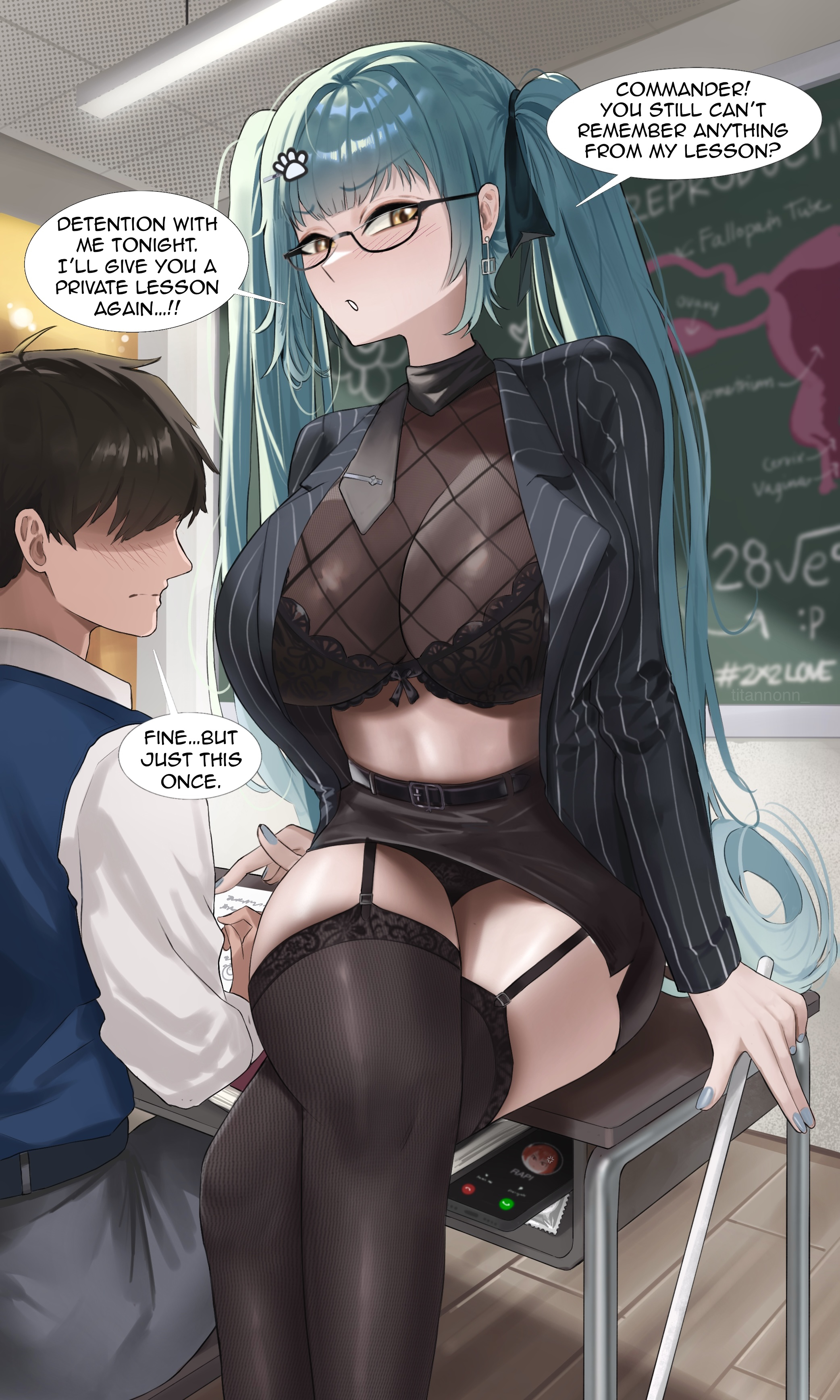 1boy, 1girls, belt, commander (nikke), english text, female, goddess of victory: nikke, male, miniskirt, nail polish, painted fingernails, painted nails, panties, panty peek, pantyshot, pantyshot (sitting), pencil skirt, privaty (nikke), privaty (sharp lesson) (nikke), rapi (nikke), revealing clothes, sheer clothing, skimpy clothes, skirt, speech bubble, text, thighhighs, titannonn