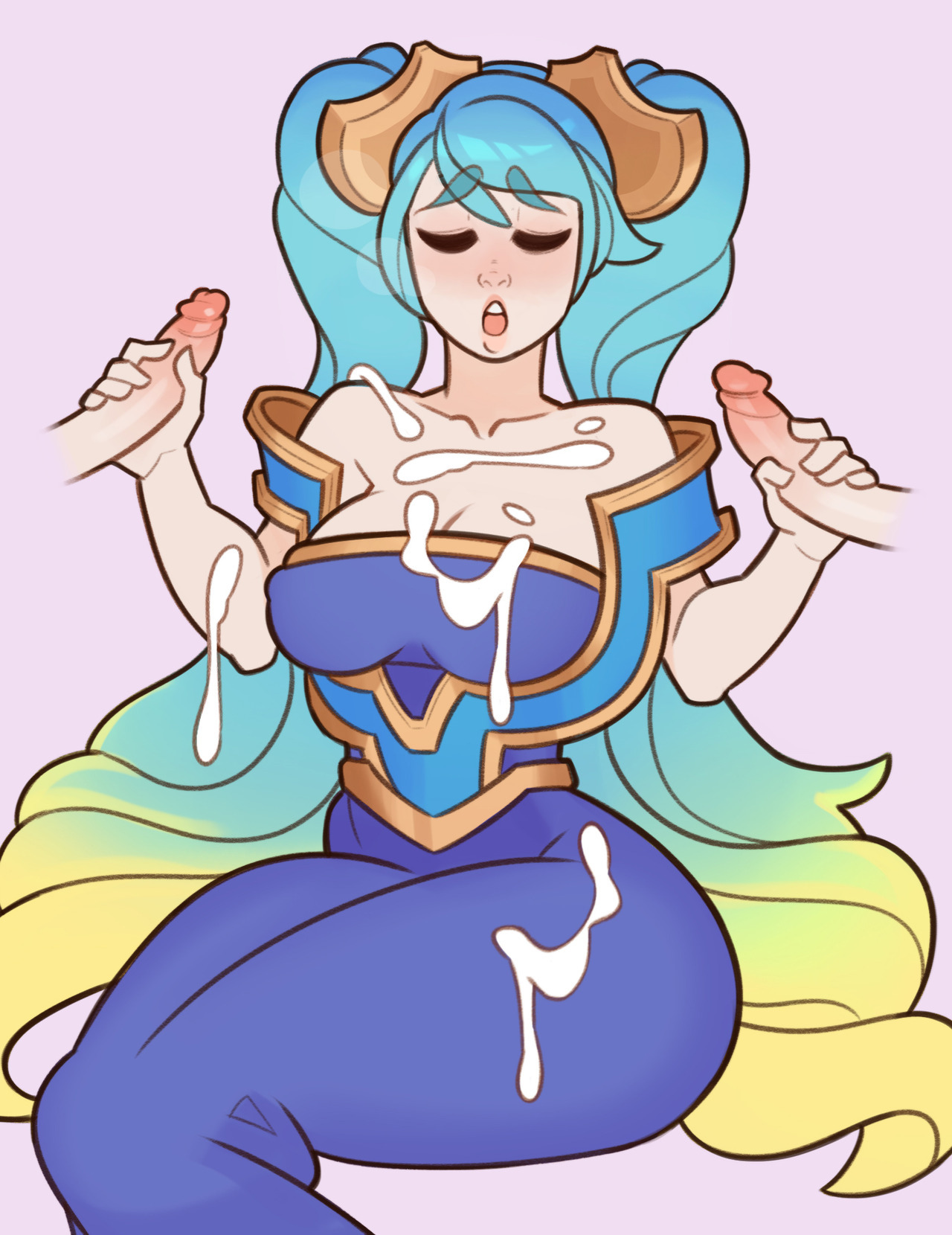 2boys, big breasts, breasts, cleavage, cum, cum on breasts, disembodied penis, erection, female, handjob, large breasts, league of legends, male, penis, sona buvelle, splashbrush, straight