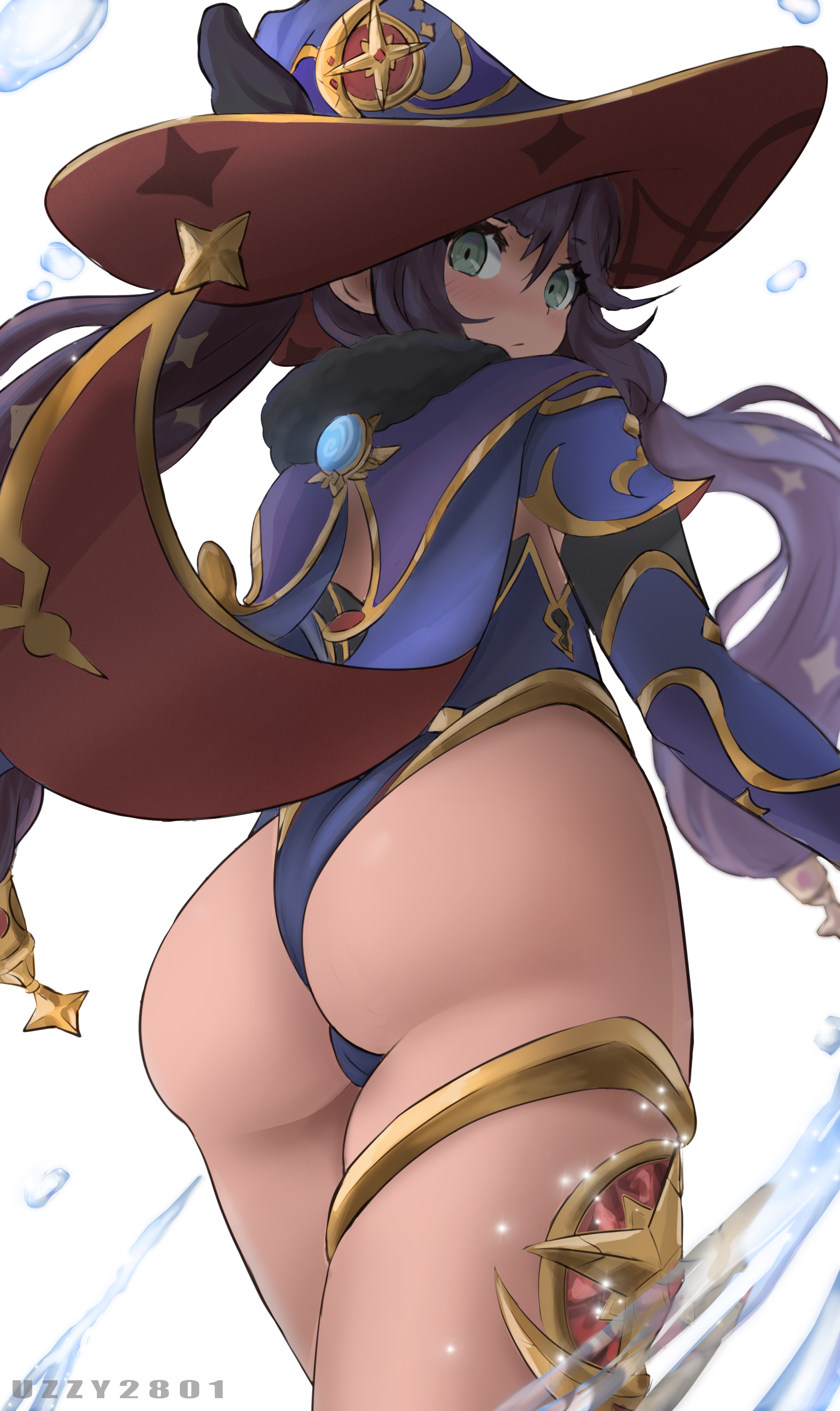 absurdres, artist name, ass, bare legs, blush, cameltoe, cape, closed mouth, feet out of frame, female, from behind, from below, fur collar, gem, genshin impact, gold trim, green eyes, hair between eyes, hair ornament, highres, jewelry, large hat, looking back, magic circle, mona (genshin impact), no legwear, pussy, solo, star (symbol), thigh strap, twintails, uzzy2801, water