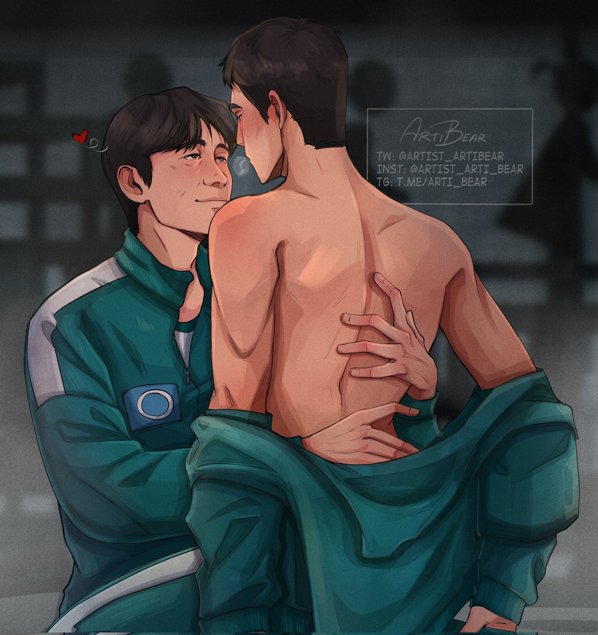 artibear, back view, before sex, black hair, blush, brown eyes, hands on back, heart symbol, hwang in-ho, jacket off shoulders, looking at partner, loving gaze, loving look, male, male only, male/male, no visible genitalia, panting, public nudity, seong gi-hun, shirtless, shirtless male, short hair, sitting on lap, smiling at partner, squid game, track jacket, yaoi