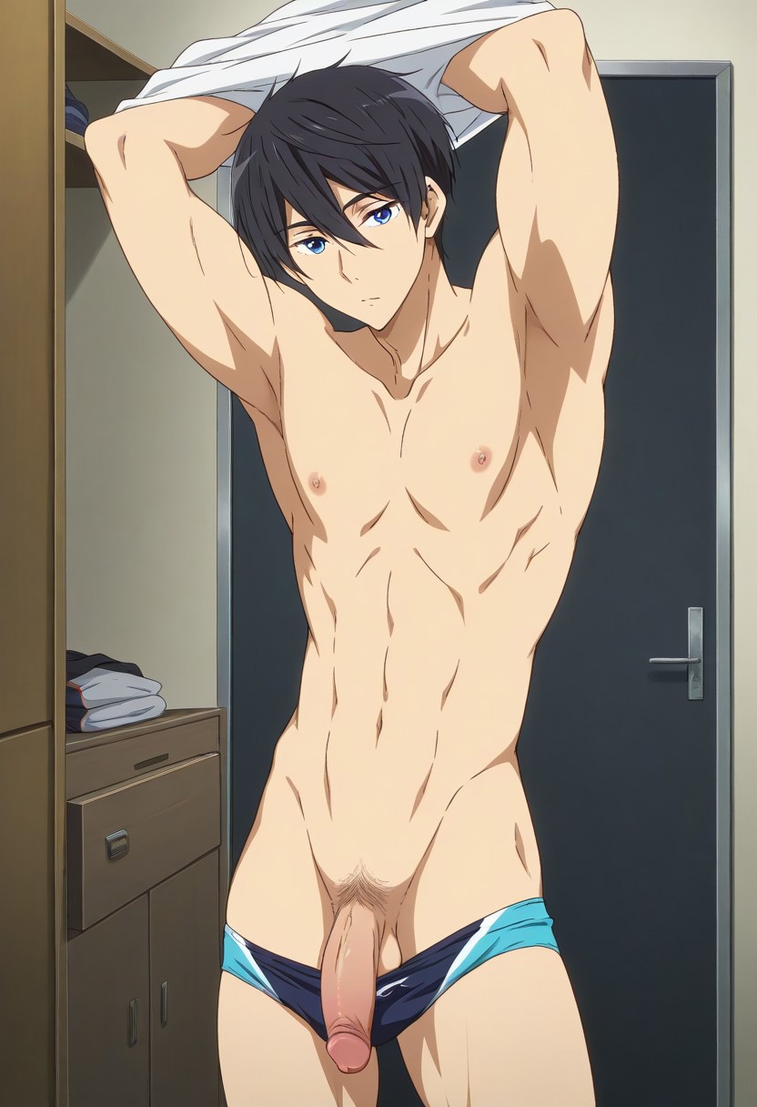 ai generated, armpits, flaccid, flaccid penis, free!, gay, male, male focus, nanase haruka (free!), penis, solo male, taking clothes off, underwear around legs, underwear down, undressing