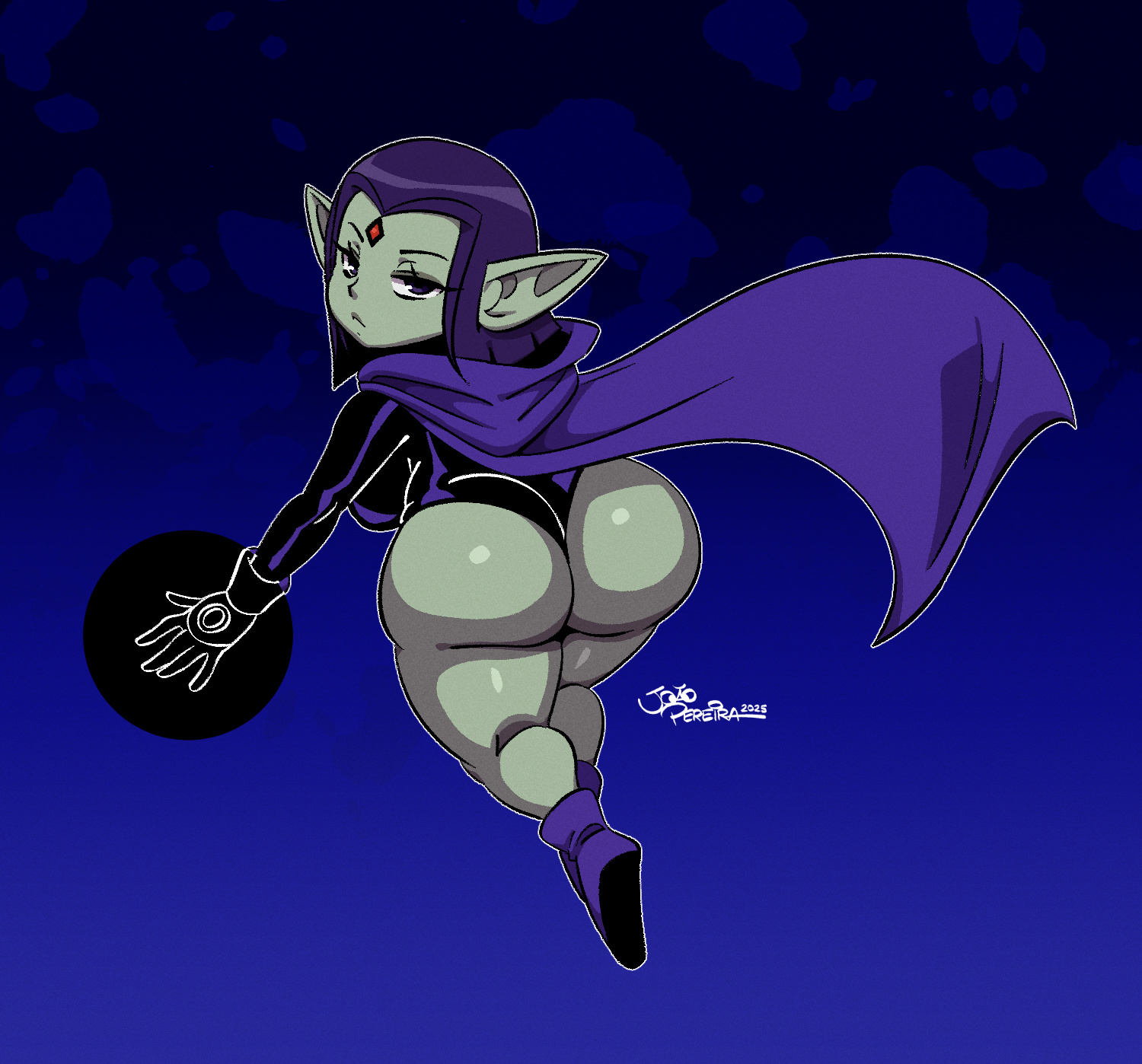 1girls, big breasts, breasts, busty, clothing, dc, dc comics, female, female only, goblin, goblin female, green skin, grey hair, huge breasts, joaoppereiraus, large breasts, raven (dc), shirt, shortstack, skirt, solo, teen titans, text, thick thighs, wide hips