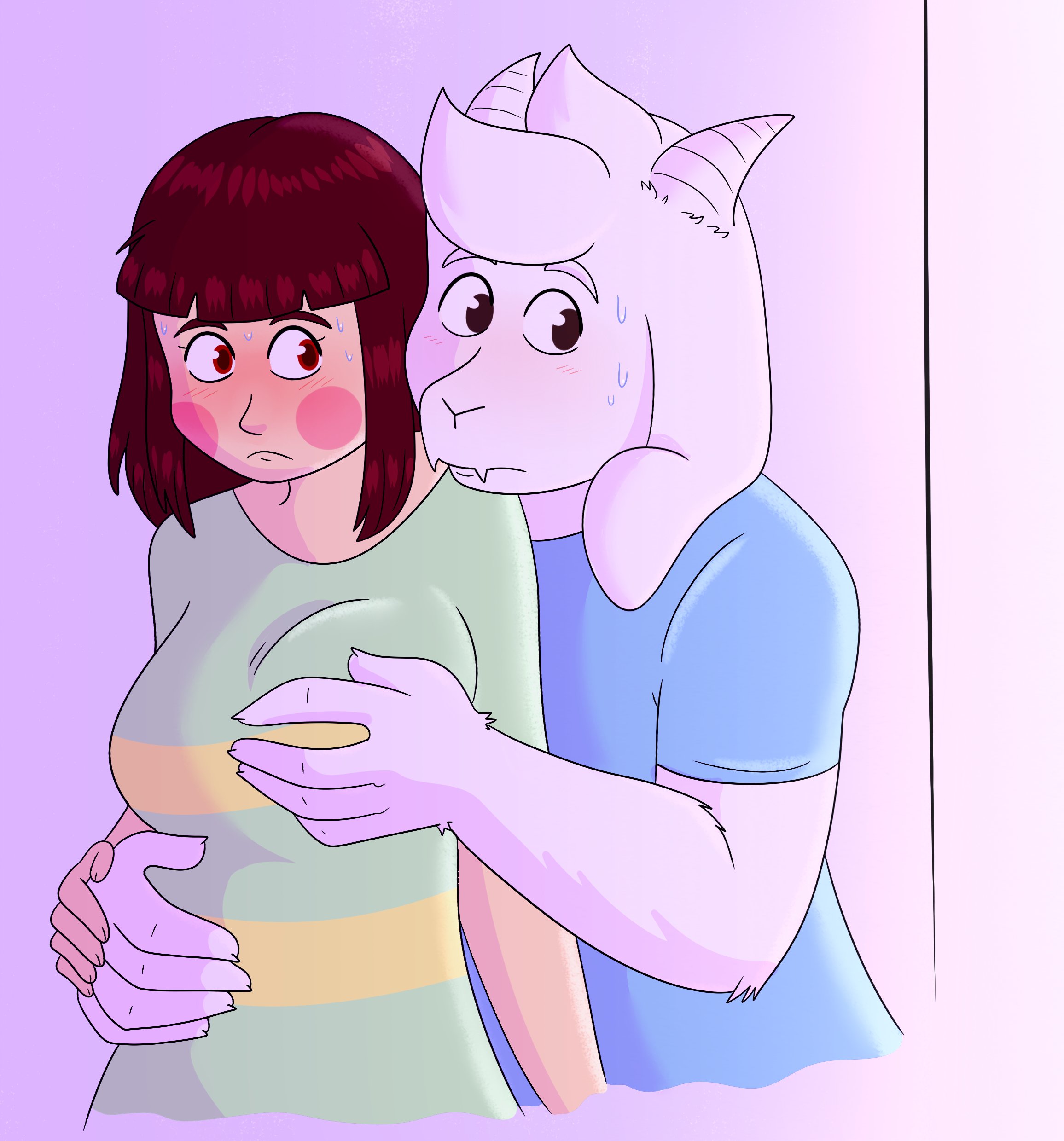 aged up, anthro on human, asriel dreemurr, blush, breasts, brown hair, chara, female, female chara, groping breasts, groping from behind, hiding, human, human on anthro, light skin, light-skinned female, male, monster, monster boy, not porn, rainy (artist), red eyes, straight, sweatdrop, undertale, undertale (series), undertale au, white fur