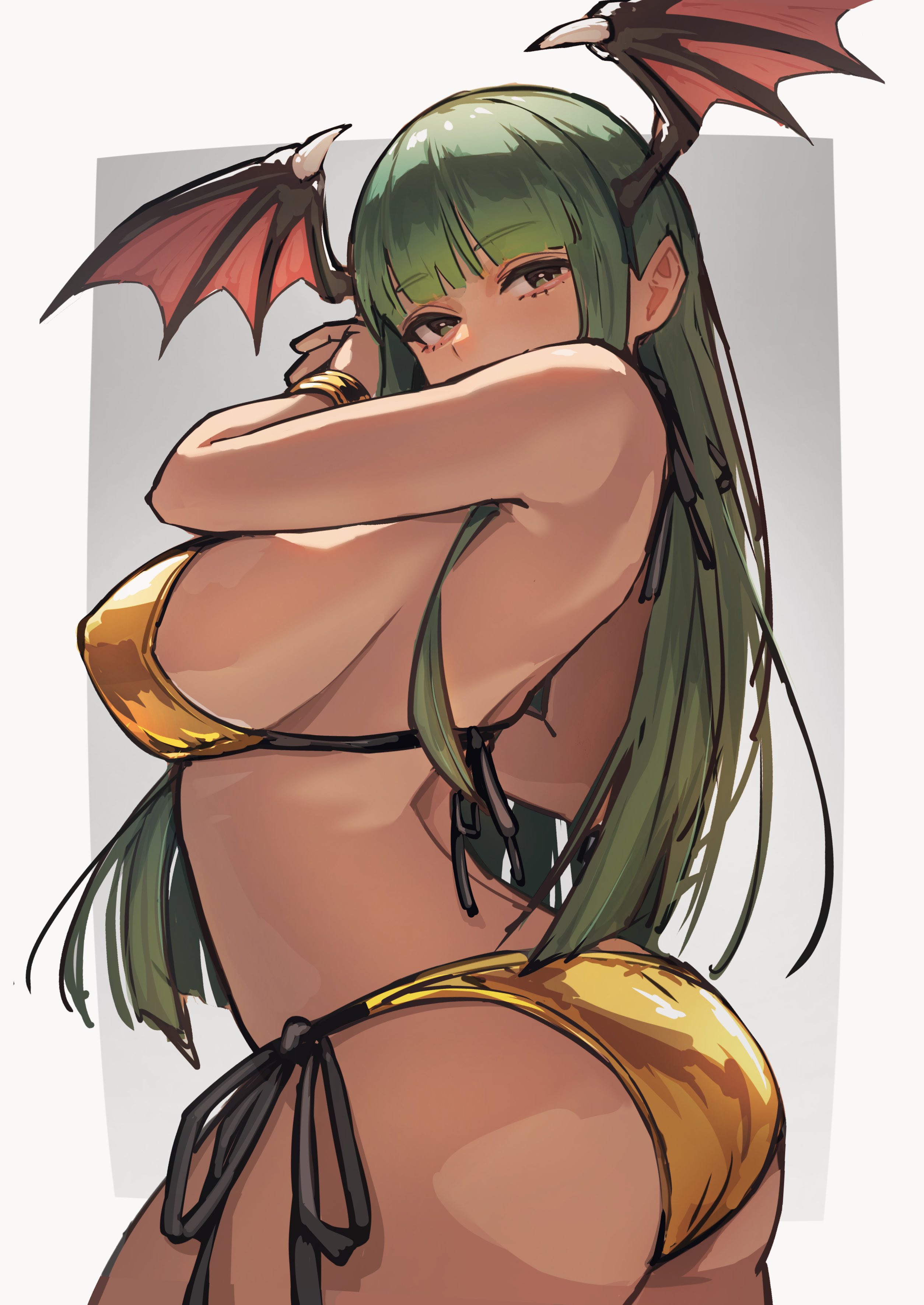 1girls, ap cammy, ass, big ass, big breasts, bikini, breasts, capcom, darkstalkers, demon, female, female focus, female only, gold bikini, golden week, green hair, morrigan aensland, succubus, vampire savior
