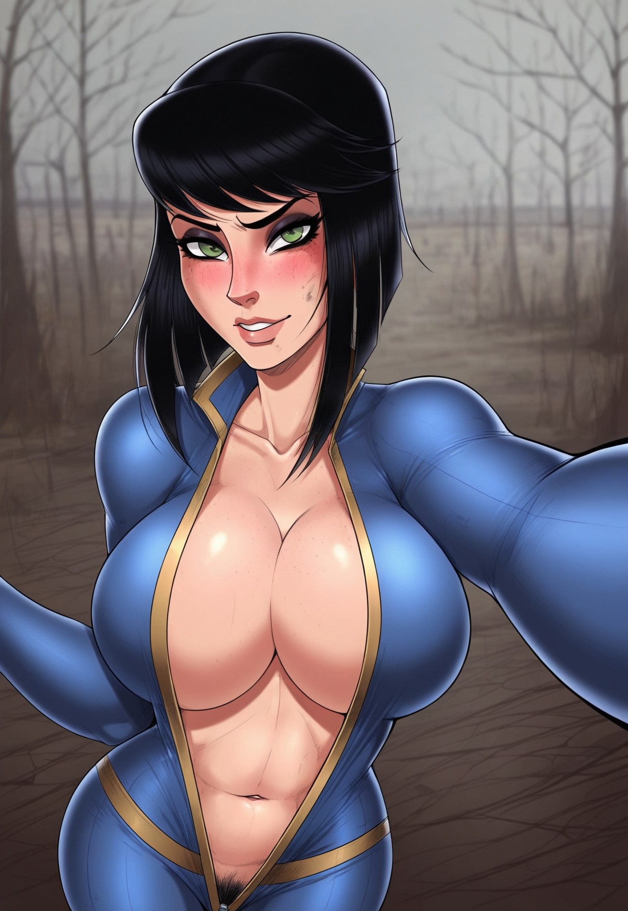 ai generated, bodysuit, breasts, cleavage, fallout, fallout (series), female, green eyes, huge breasts, pubic hair, self upload, selfie, smirk, unzipped, vault meat, wasteland
