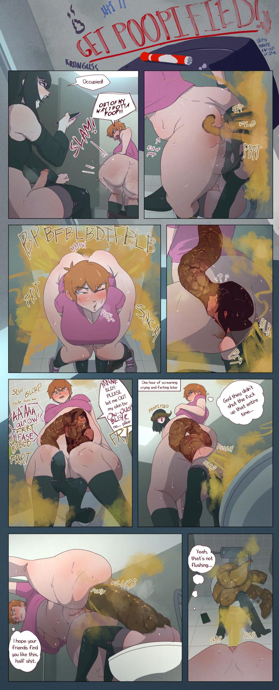 bathroom, death, fatal vore, female, female pred, femboy prey, half-digestion, kronguss, male, scat, toilet, vore