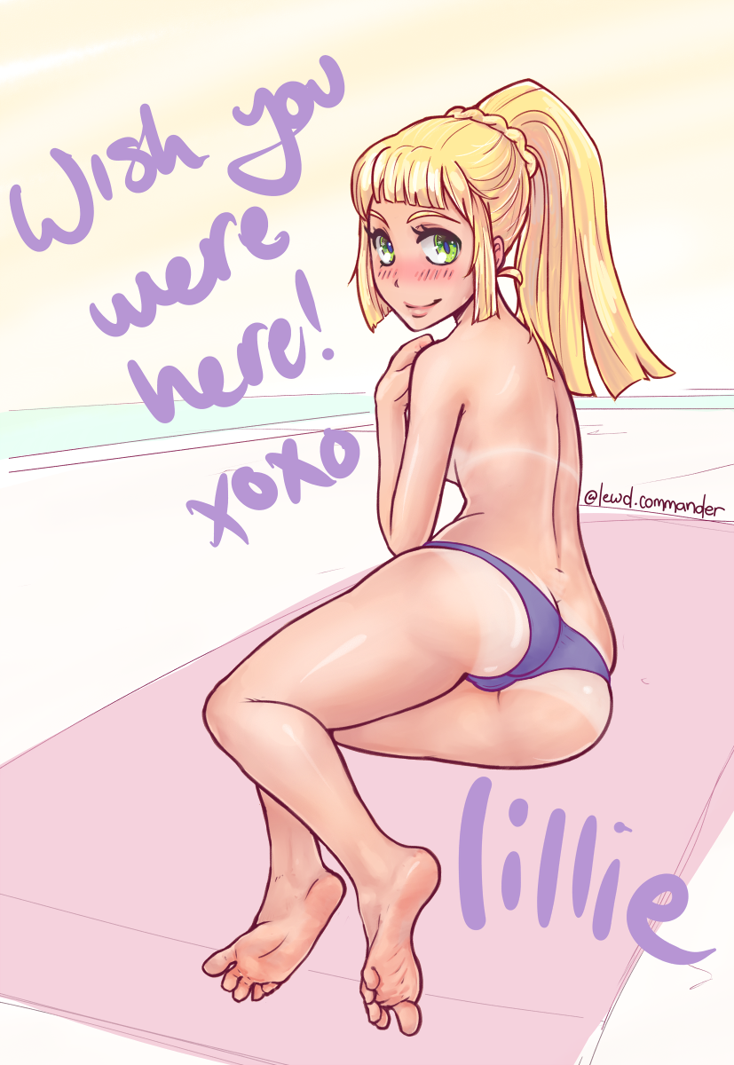 1girls ass back barefoot bikini blonde_hair breasts cameltoe clothed feet female female_only human lewd.commander lillie_(pokemon) looking_at_viewer looking_back nintendo panties partially_clothed petite pokemon pokemon_sm sideboob soles solo spread_toes tanline text toes topless underwear