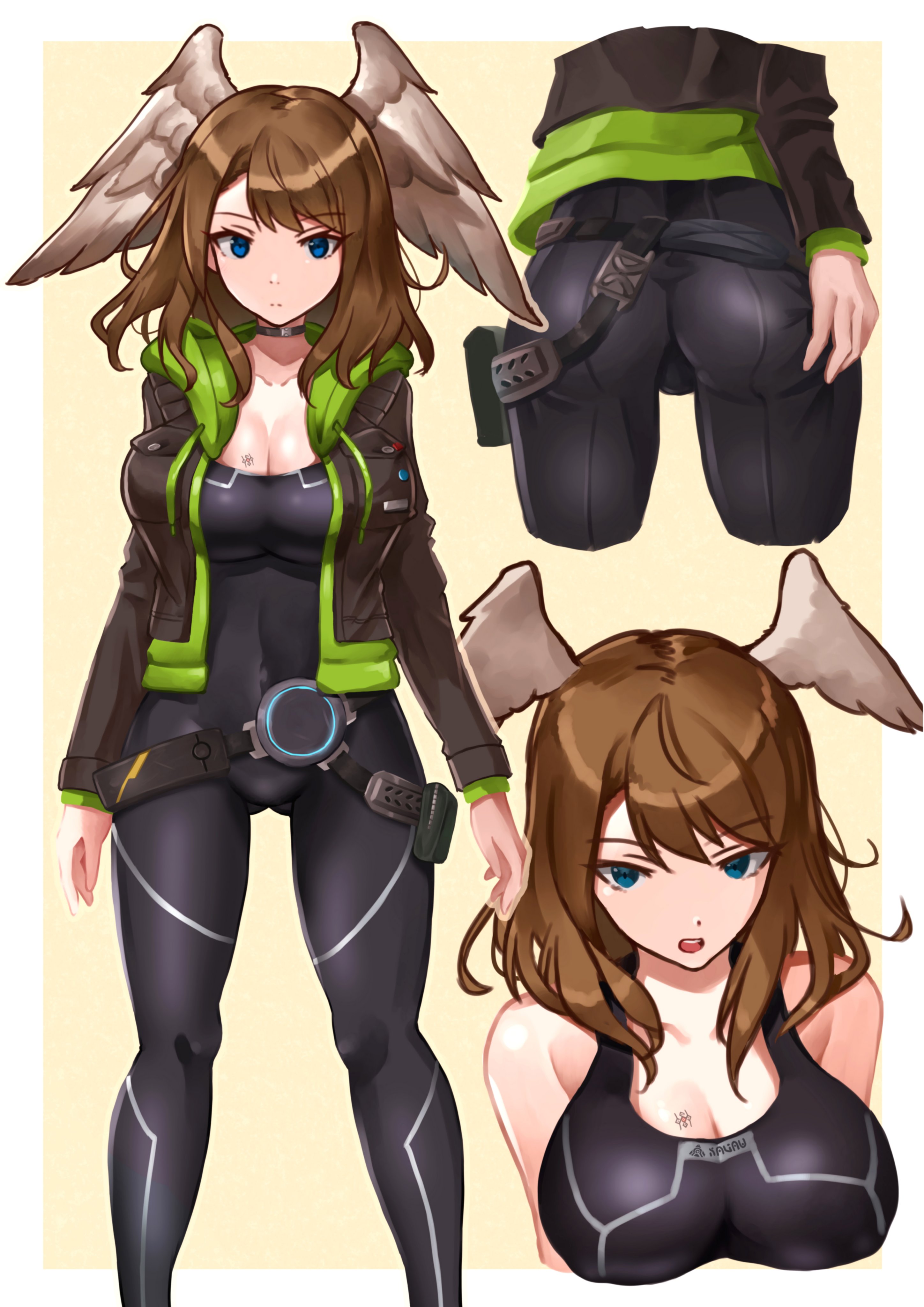 absurdres, ass, ass focus, black bodysuit, black choker, black jacket, blue eyes, blush, bodysuit, breast focus, breast tattoo, breasts, brown hair, choker, cleavage, close-up, eunie (xenoblade), female, grabbing own ass, head wings, highres, hood, hoodie, jacket, large breasts, leather, leather jacket, medium hair, oniisan02b, open mouth, sky, solo, tattoo, temperature, white wings, wings, wings on head, xenoblade (series), xenoblade chronicles 3, yotsuhauni