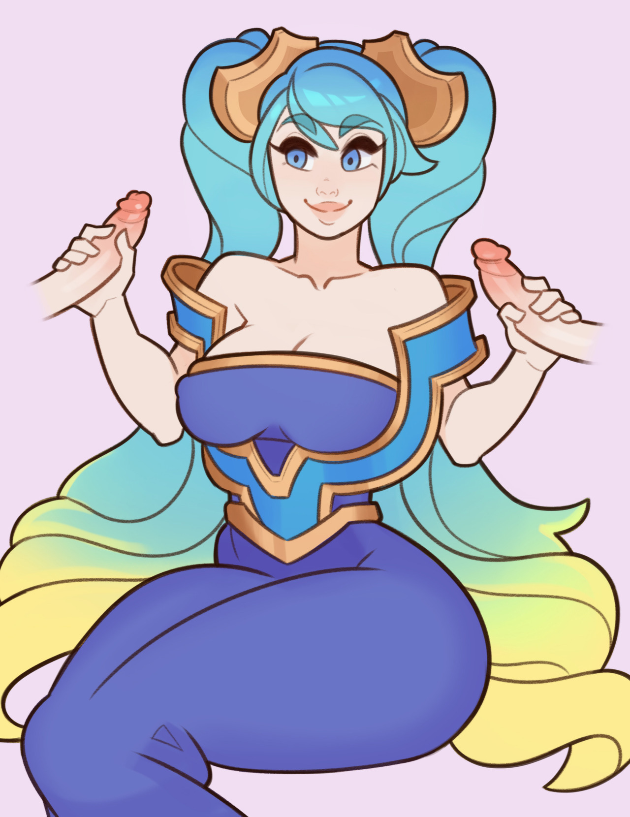 2boys, big breasts, breasts, cleavage, disembodied penis, erection, female, handjob, large breasts, league of legends, male, penis, sona buvelle, splashbrush, straight