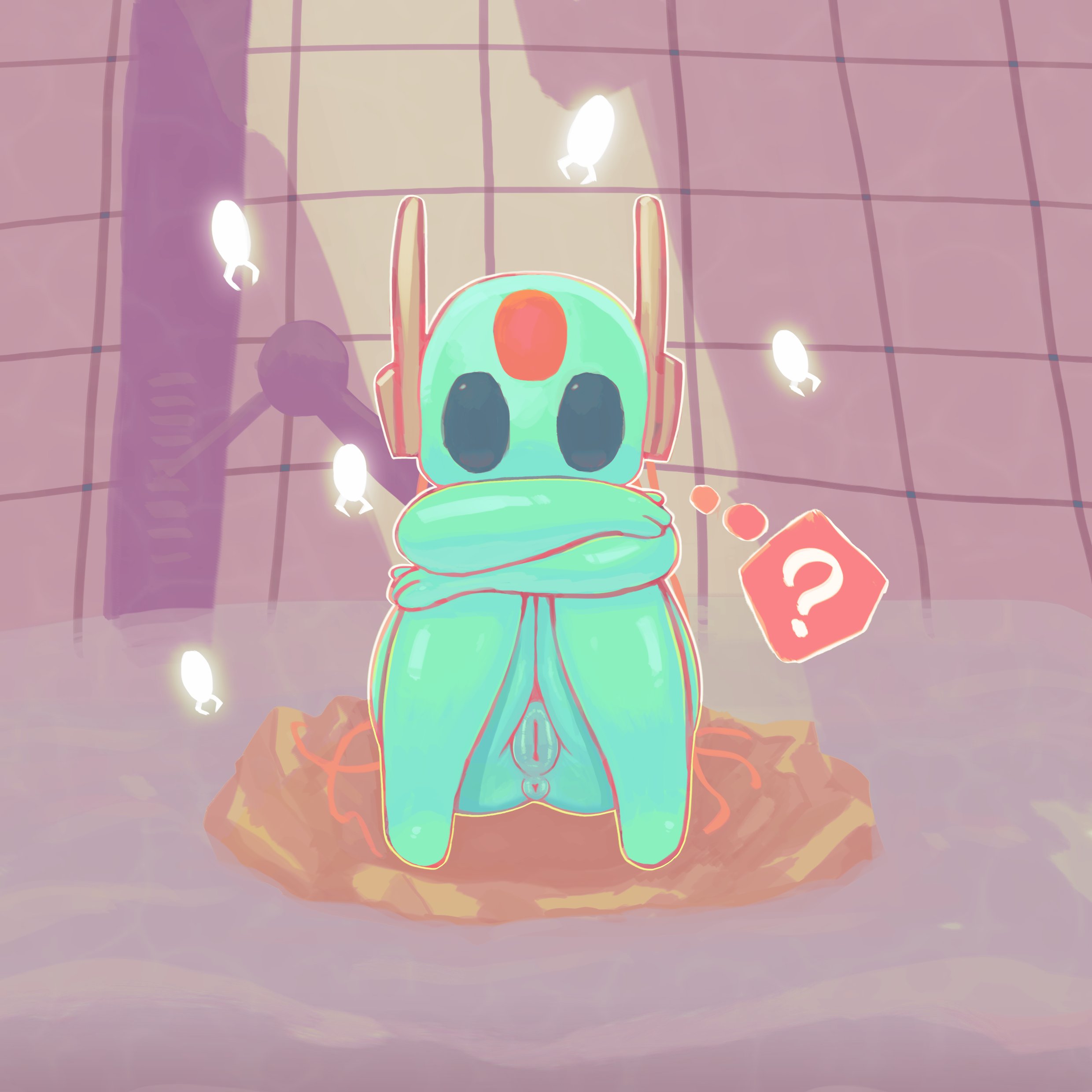 ?, 1girls, 2025, black eyes, blue body, blue skin, female, hi res, iterator (rain world), looking at viewer, looks to the moon (rain world), machine, neotrinya, neuron fly (rain world), pussy, rain world, robot, robot girl, robot humanoid, sitting, solo
