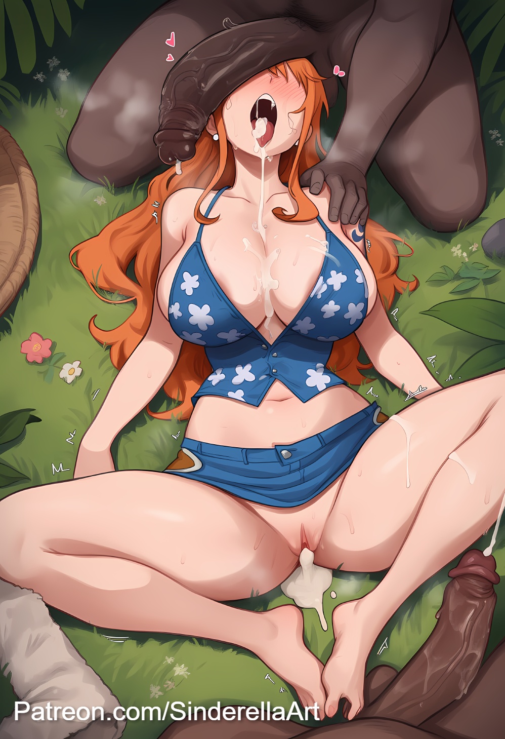 aftermath, ai generated, bikini, breasts, bukkake, busty, clothing, commission, cum in pussy, cumshot, dark penis, dark skin, dark-skinned male, female, forest, huge breasts, huge cock, human, human female, interracial, light skin, light-skinned female, male, male/female, nami (one piece), one piece, outdoors, patreon, patreon url, patreon username, penis, public, pussy, sinderellaart, thick, thick legs, used, voluptuous