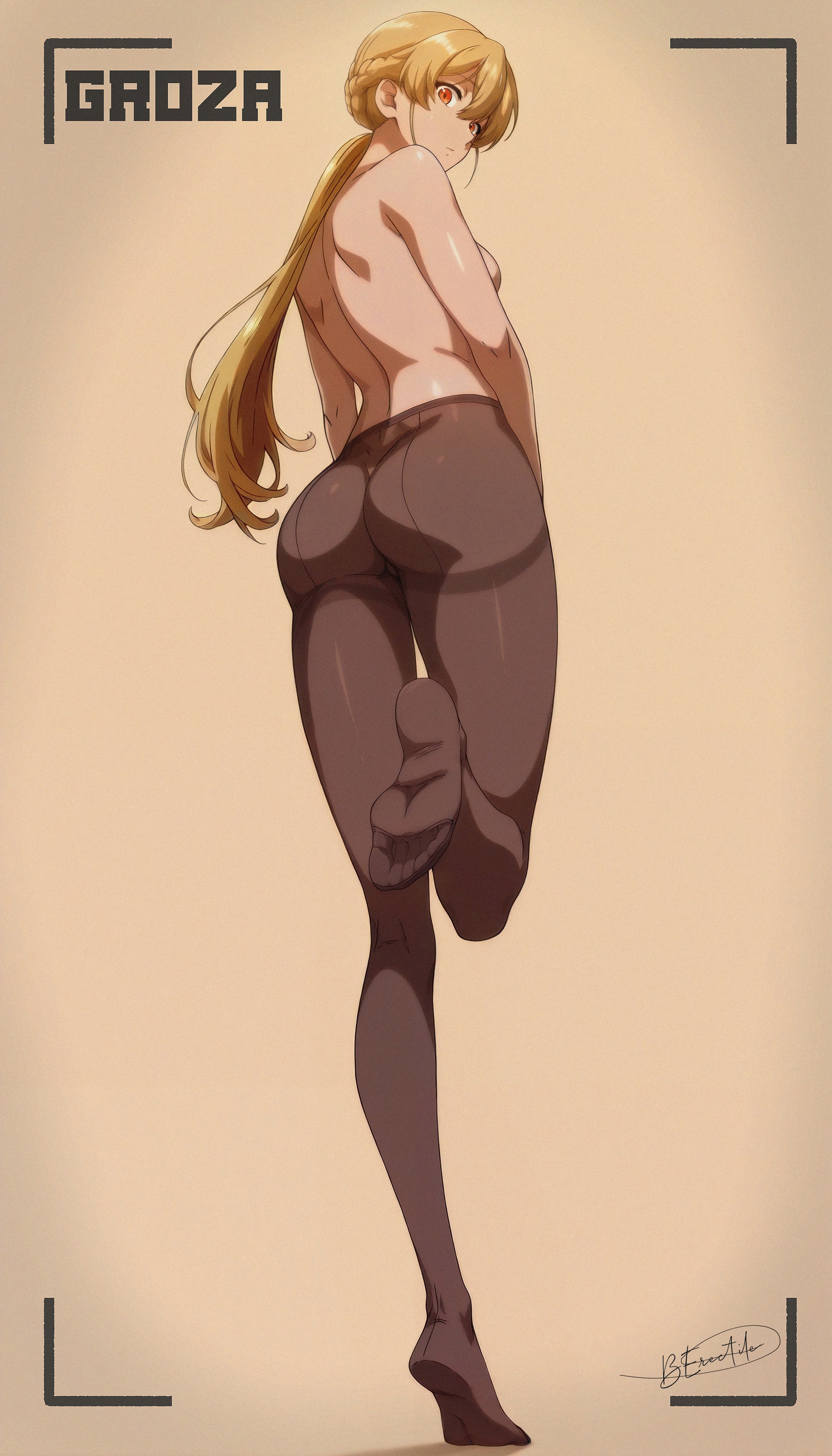 1girls, ass, ass focus, back view, bare shoulders, blonde hair, braid, breasts, bronzeerectile, buronjin, convenient censoring, female, female only, girls' frontline, girls' frontline 2: exilium, groza (girls' frontline 2), long hair, looking at viewer, orange eyes, ots-14 (girls' frontline), pantyhose, pantyhose only, pinup, sideboob, soles, text, topless, variant set