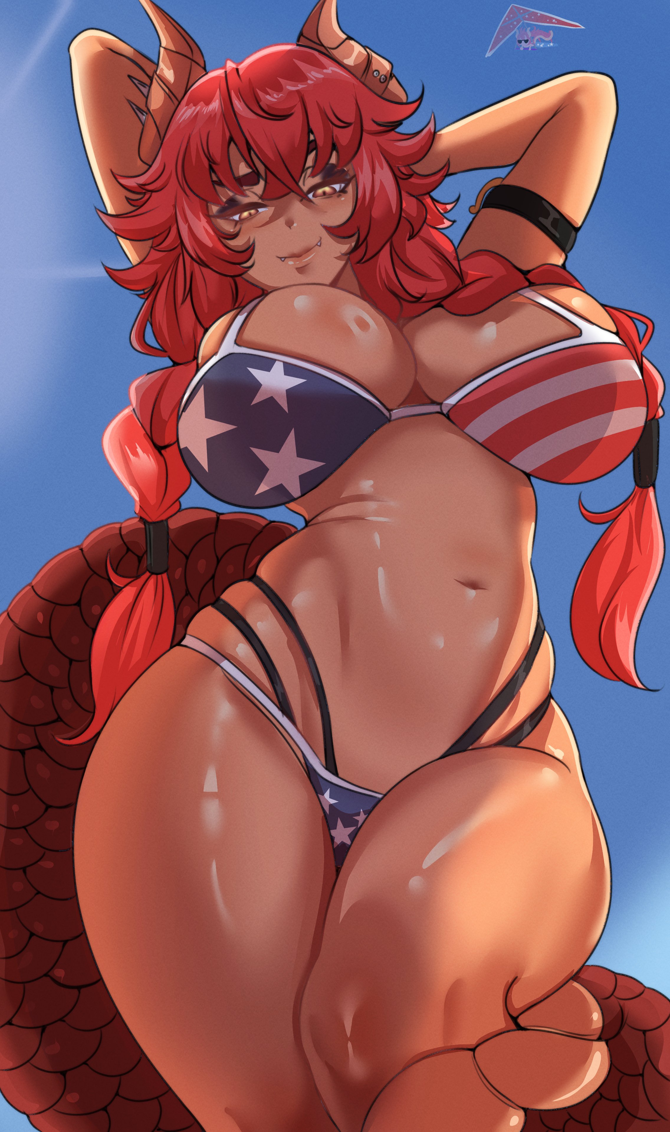 1girls, 2025, 2d, 2d (artwork), big breasts, bikini, breasts, female, female only, large breasts, low-angle view, raphaeru, solo, solo female, virtual youtuber, vshojo, zentreya, zentreya (cowboy bikini)