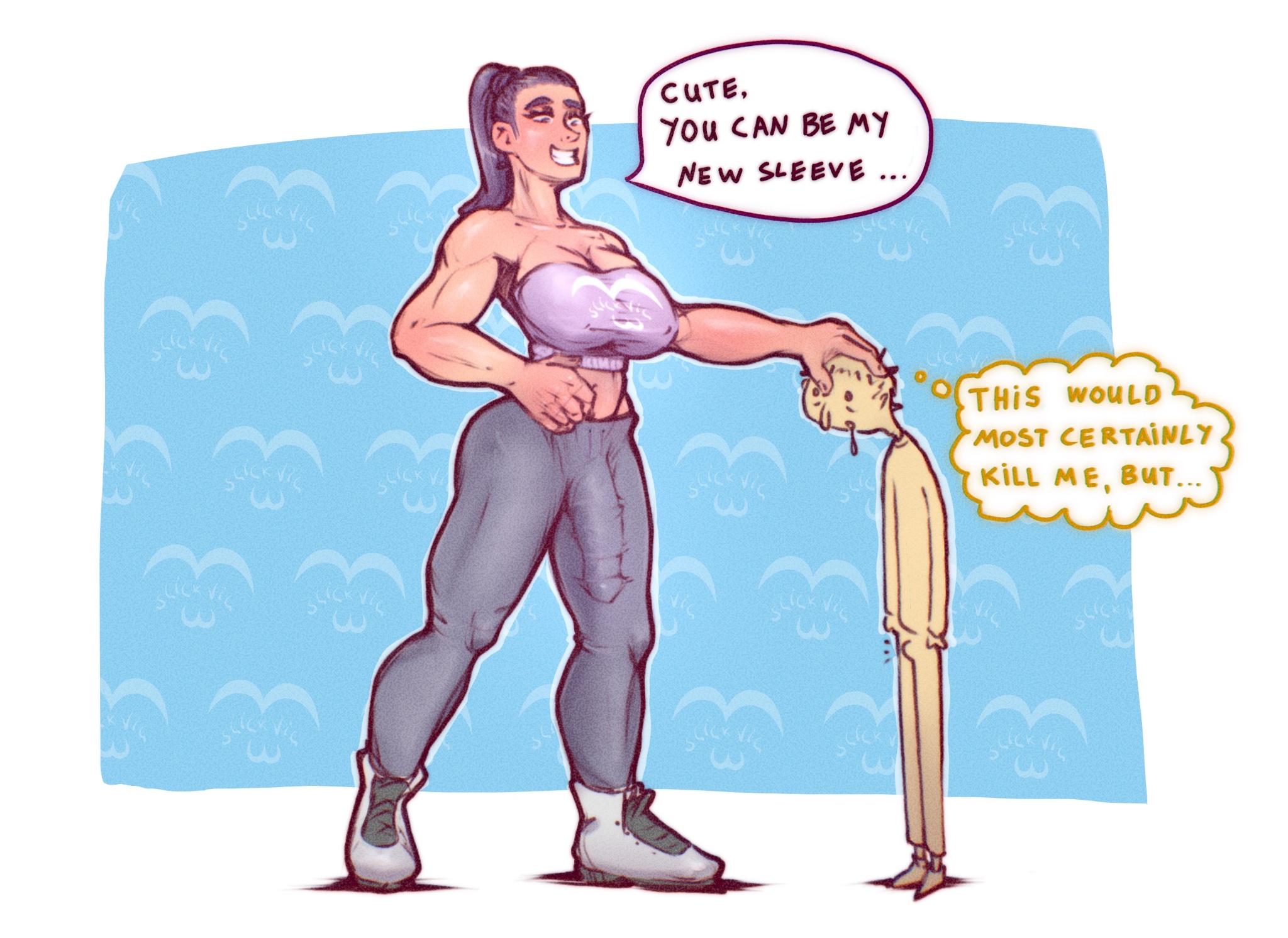 1boy, 1futa, 2023, big breasts, big penis, breasts, bulge, bulge down leg, english text, futa focus, futadom, futanari, huge cock, intersex, male, muscular, muscular futa, nerd, penis, penis outline, slickvic, speech bubble, taller futa, thought bubble, too big