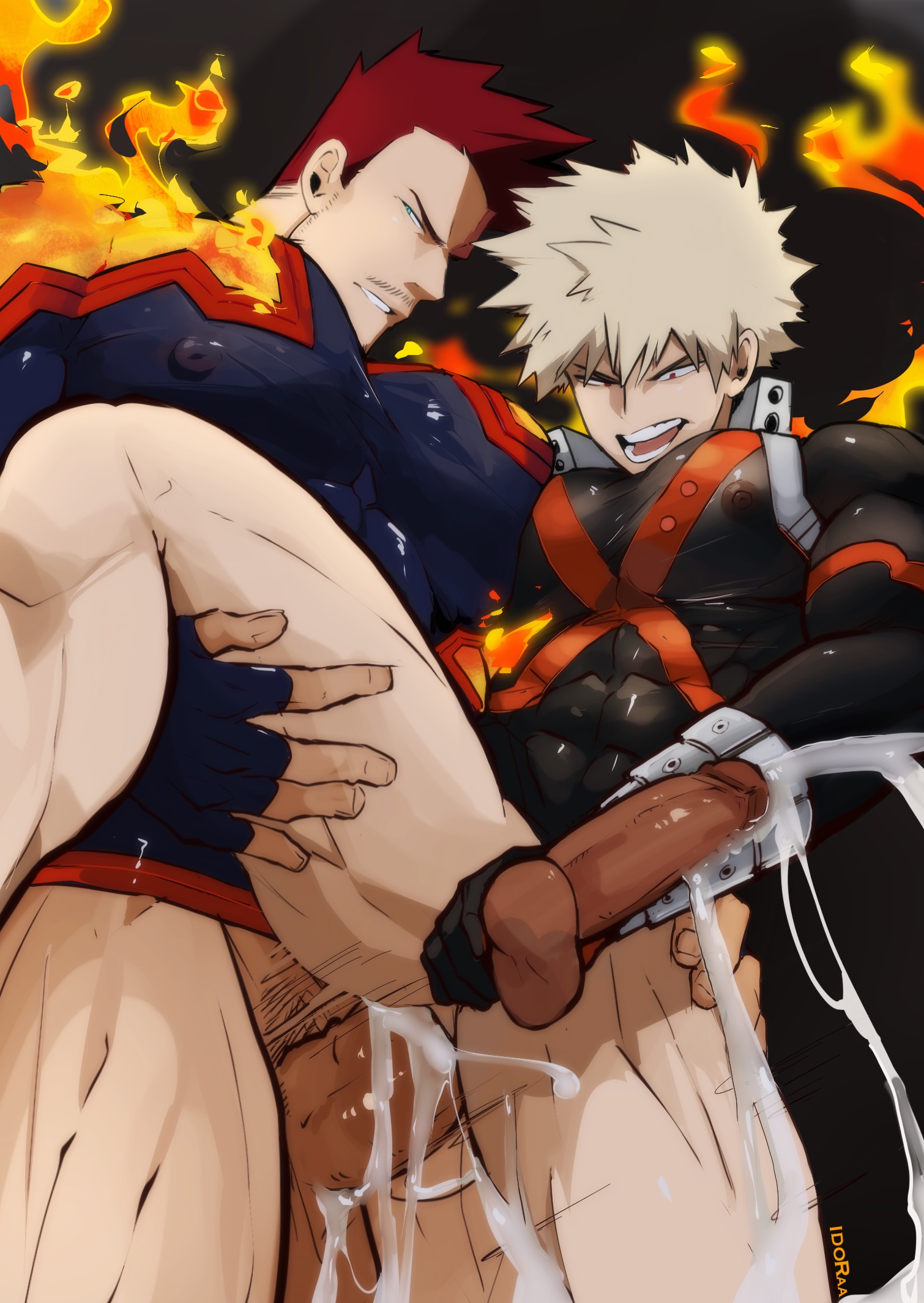 2boys, balls, blonde hair, blonde male, blonde-haired male, boku no hero academia, cock, cum, cum inside, dick, endeavor (boku no hero academia), endeavor (my hero academia), enji todoroki, gay, gay anal, gay male, gay sex, hero outfit (mha), holding leg, holding legs, idoraad, katsuki bakugou, legs, legs up, lilprincyvi, male, male only, male penetrated, male penetrating, male penetrating male, male/male, masturbation, my hero academia, nipples, nipples visible through clothing, older dom younger sub, older penetrating younger, penis, red hair, yaoi