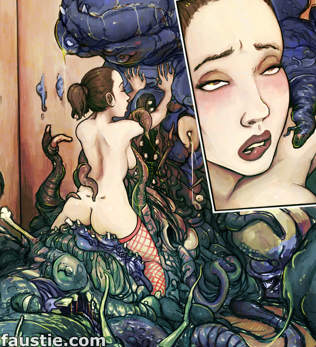 1monster, biting lip, consensual tentacles, faustie, female, fish, fishnet thighhighs, fishnets, interspecies, licking, looking pleasured, monster, monster on female, pleasure face, pleasure rape, rape, sex, sex slave, tentacle, tentacle rape, tentacle sex