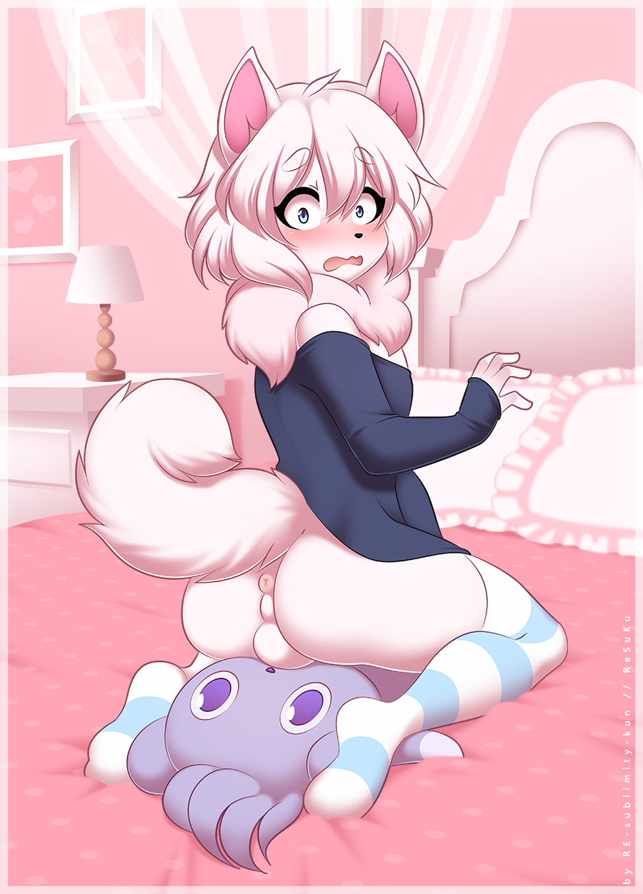 1boy anthro anus ass bed blue_eyes blush canine caught clothed clothing crossdressing espurr facesitting femboy fingers fluffy fur furry girly kneeling legwear looking_back male male_only mammal nintendo off_shoulder open_mouth original_character perineum pink_fur plushie plushophilia pokémon_(species) pokemon pokemon_xy pomeranian pomeraninu re-sublimity-kun sitting solo stockings tail testicles text thighhighs trap video_games