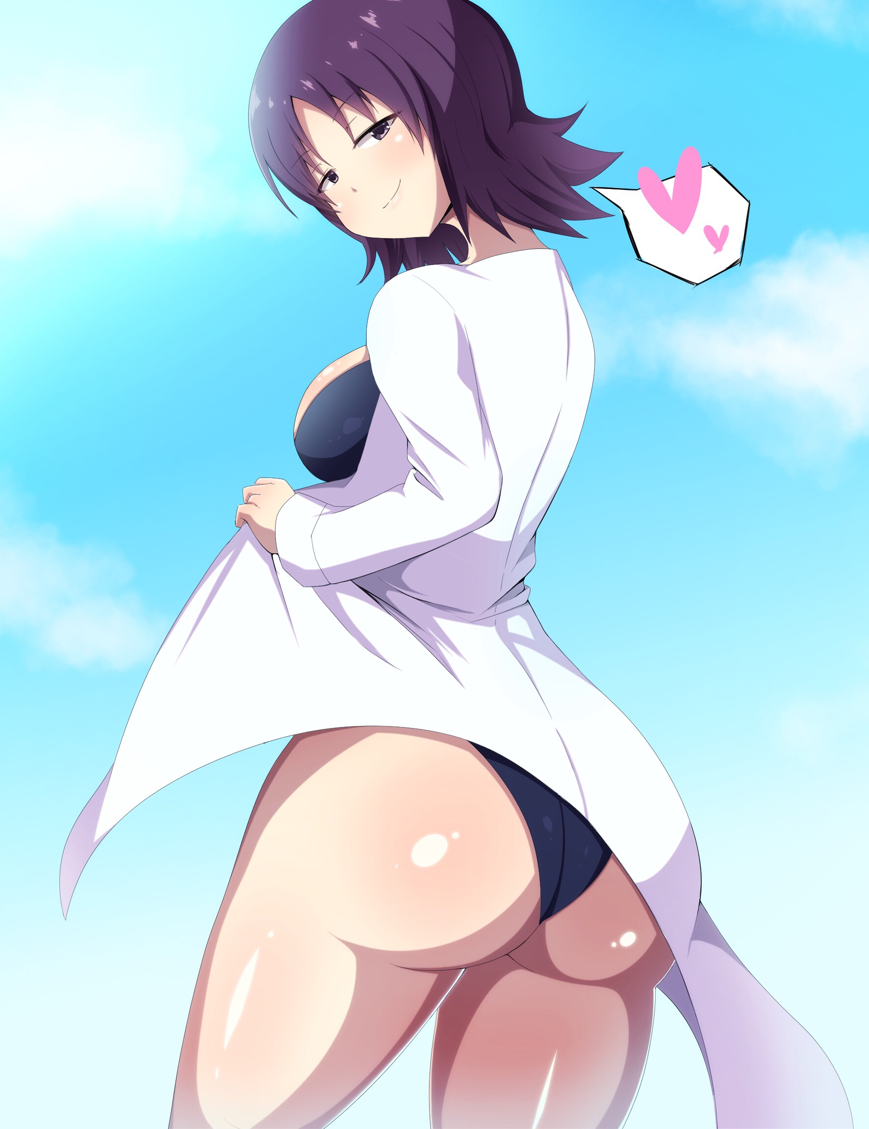 1girls, 2018, ass, breasts, brown eyes, cleavage, curvaceous, female, female only, grey eyes, heart, human, human only, labcoat, large breasts, light skin, light-skinned female, looking at viewer, looking back, nintendo, pale skin, pale-skinned female, philena ivy, pokemon, pokemon professor, pokemon rgby, presenting, purple hair, short hair, smile, solo, spoken heart, swimsuit, thick thighs, wide hips, yoakedan