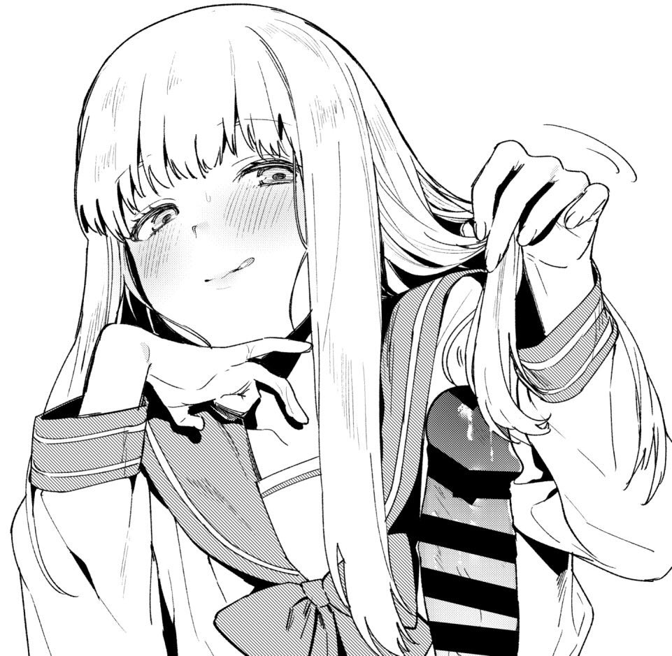 amanekuu bangs bar_censor blush censored female hairjob long_hair monochrome original penis school_uniform serafuku tongue tongue_out upper_body