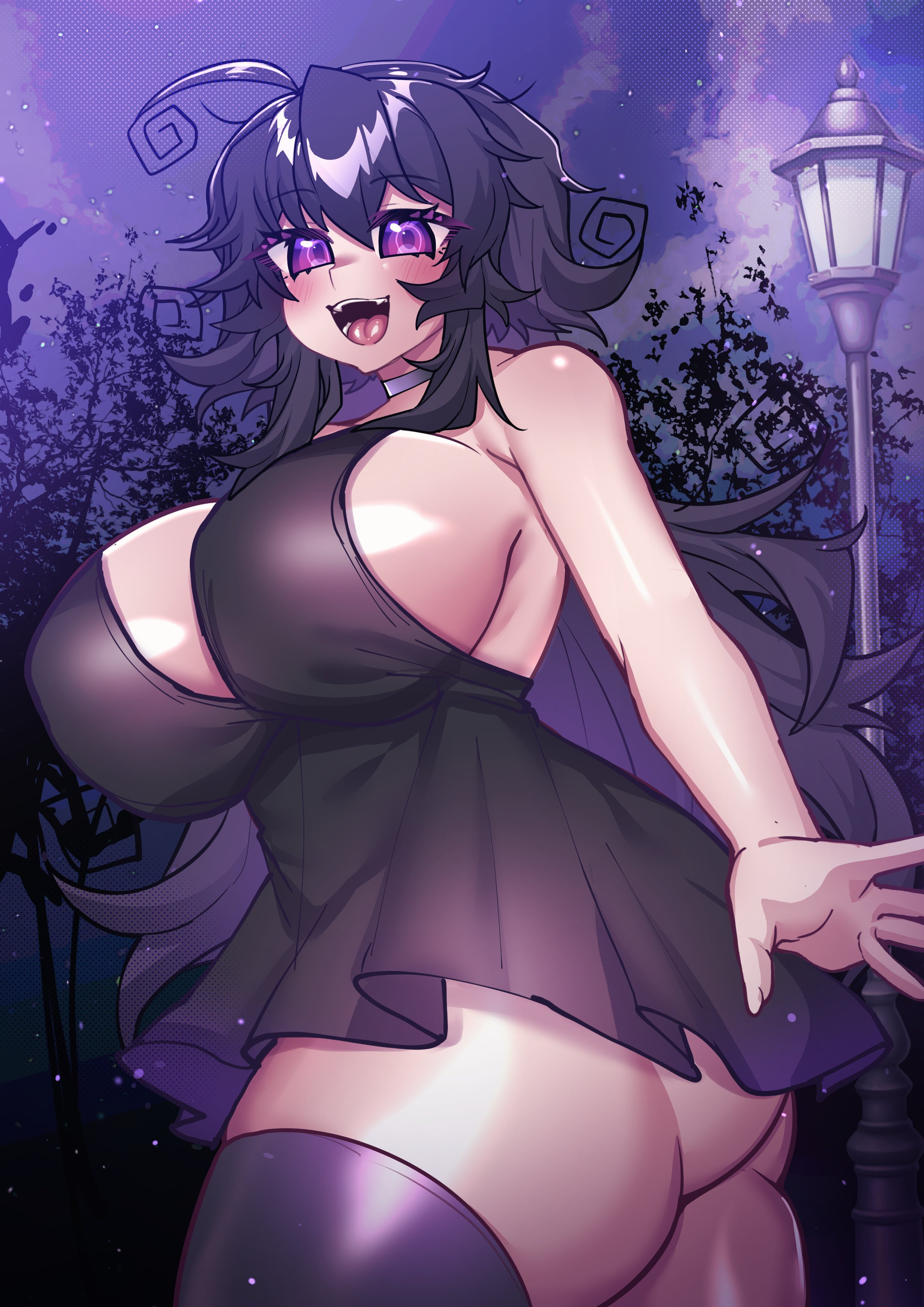 1girls, 2022, ahoge, ass, black dress, blush, breasts, clothed, clothed female, crawling dreams, dress, female, female only, hips, huge breasts, large ass, long hair, looking at viewer, messy hair, no panties, nyarla (crawling dreams), nyarla (osiimi), osiimi, outdoors, purple eyes, purple hair, slim waist, smile, thick thighs, thighhighs, thighs, very long hair, wide hips